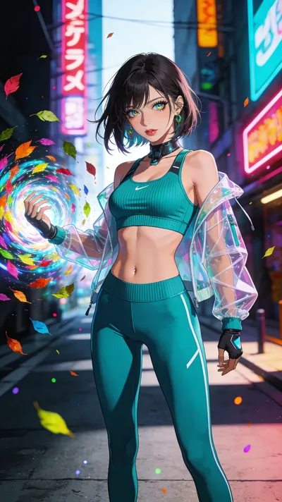 score_9, masterpiece, best quality, ultra-detailed, High-budget Anime Keyframe, beautiful Japanese anime girl. Upper body close-up from the thighs up, character filling the screen for maximum presence. Summoning a vortex of colorful leaves in a futur