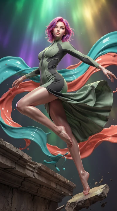 score_9, masterpiece, best quality, ultra-detailed, high-budget anime keyframe, editorial fashion photography, tasteful artistic composition, realistic cosplay photography, Caucasian woman, strictly human ears. low angle full-body shot from head to t