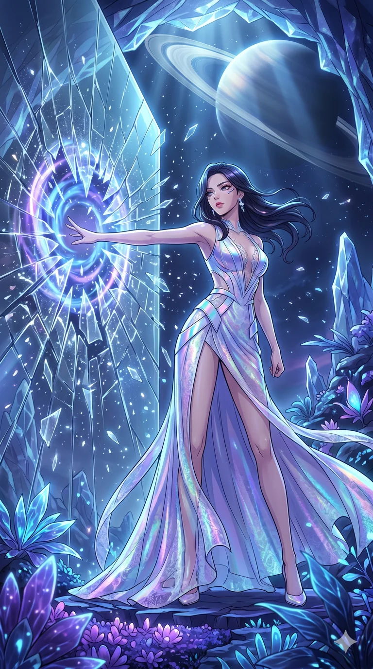 score_9, masterpiece, best quality, ultra-detailed, High-budget Anime Keyframe, vibrant colors, fluid line-art, expressive lighting, cinematic composition, Ufotable-style visual effects, top-tier animation quality, Korean woman with idol-like refined features. Dynamic full-body shot stretching the vertical silhouette, capturing her from a powerful low-angle perspective. Shattering a massive wall of reinforced glass with her sheer powerful mental aura, shards of glass flying in slow motion around her. She has an absolutely perfect 8-heads proportion, an exceptionally tall and slender female figure with impossibly long slender legs and an ultra-slim waist, her statuesque height and towering silhouette dominating the vertical 9:16 frame. Her face is a masterpiece featuring a sharp v-shaped jawline, high-bridge nose, intricate jewel-like eyes with depth, thick eyelashes, and glossy lips with a natural sheen. She is wearing a Holographic lace evening gown with a dangerously high slit and a plunging neckline crafted from Sheer silk that is almost transparent, flowing like water around her statuesque frame, featuring strategic side cut-outs that emphasize her ultra-slim waist and hips. The scene is set in a mysterious alien planet with bioluminescent purple flora and a giant ringed planet in the sky, illuminated by ethereal moonlight filtering through a crystalline canopy, creating soft highlights. 2k, ultra detail, master piece, 9:16 ratio