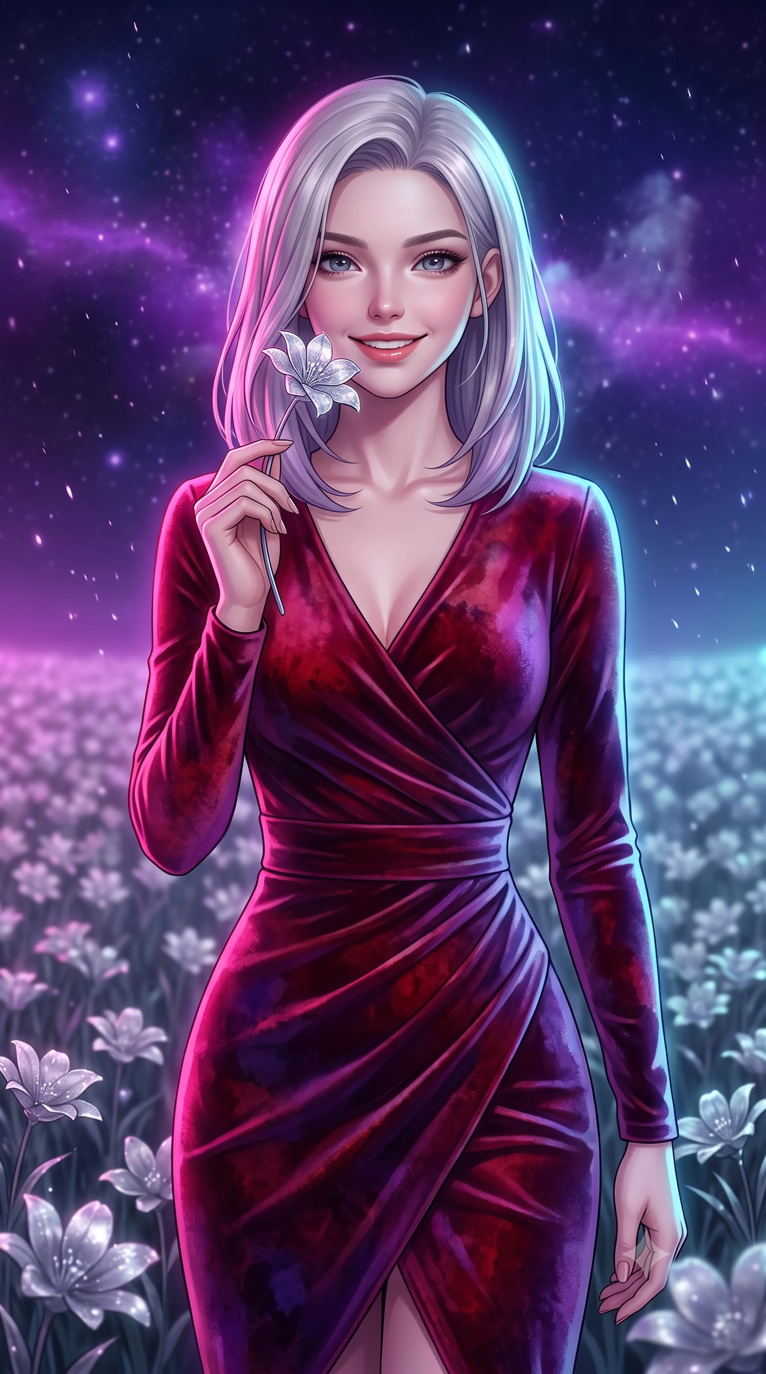 score_9, masterpiece, best quality, ultra-detailed, high-budget anime keyframe, editorial fashion photography, tasteful artistic composition, Caucasian woman, strictly human ears. close-up cowboy shot from the waist and thighs up, the character dominates the composition, filling the frame with her large presence, background elements kept in soft focus. Holding a delicate flower near her cheek, smiling with dreamy happiness. set against a soft-focus background of in an endless field of silver flowers swaying in the night breeze under a sky filled with glowing violet nebulae and falling stardust. She has an exceptionally elegant, slender, and willowy female figure with a highly-defined ultra-slim waist, a gracefully sculpted slender torso, and a refined slim-fit silhouette that contours her form. sharp v-shaped jawline, high-bridge nose, intricate jewel-like eyes with depth, thick eyelashes, glossy lips with a natural sheen. wearing a wrap-front fitted midi dress in deep crimson and violet watercolor velvet, drawing focus to her slender waist. dual-tone lighting with hot magenta from the left and cool cyan from the right. 2k, ultra detail, master piece, 9:16 ratio