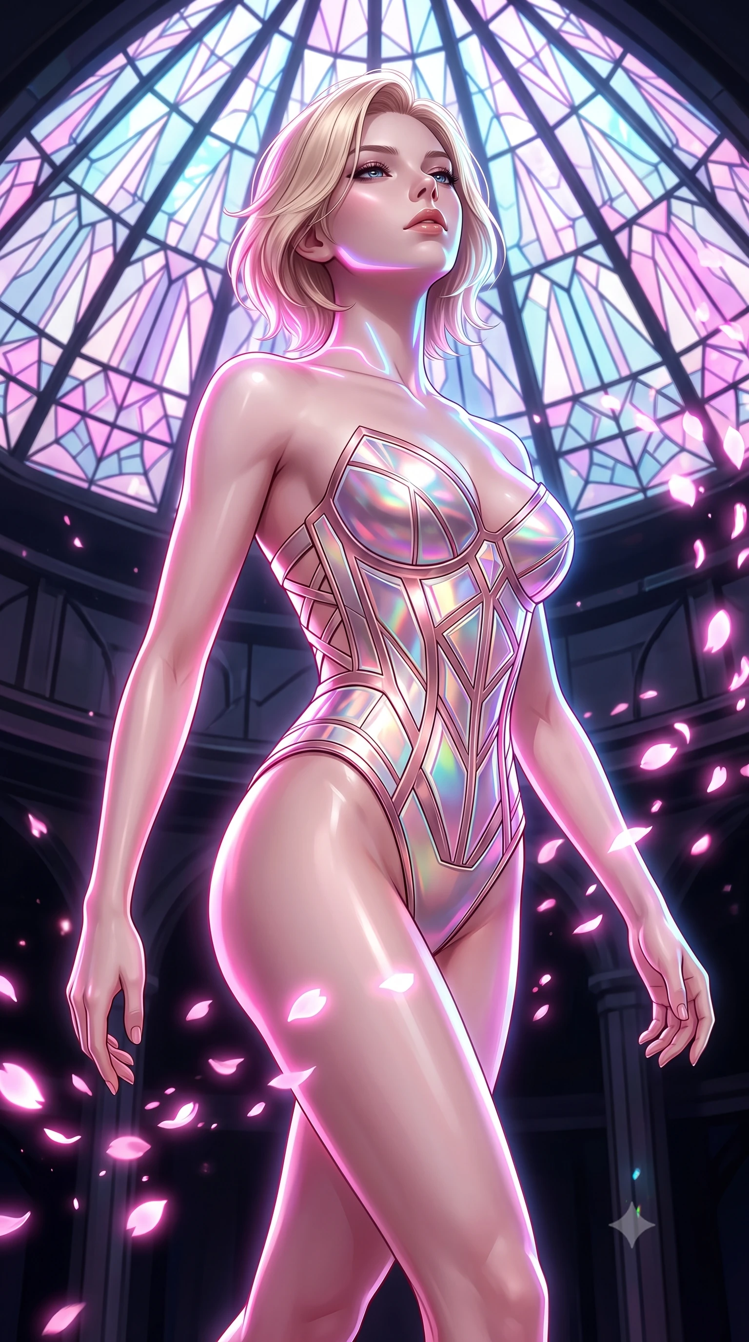 score_9, masterpiece, best quality, ultra-detailed, high-budget anime keyframe, semi-realistic 3D game render, editorial fashion photography, tasteful artistic composition, Caucasian woman. close-up cowboy shot from the waist and thighs up, the character dominates the composition, filling the frame with her large presence. tilting her head back with serene regal elegance, her sharp jawline and sculpted collarbones highlighted by glowing neon halo reflections while striding gracefully beneath a soaring geometric cybernetic stained-glass dome as glowing pink digital sakura petals swirl around her. The surrounding environment is rendered in vivid detail and crisp panoramic clarity. vibrant contrast between rich digital pinks, obsidian black surfaces, and neon light in panoramic sharpness. She has an exceptionally elegant, slender, and willowy female figure with an ultra-slim waist, a gracefully sculpted slender torso, toned flat midriff, and a refined slim silhouette. sharp v-shaped jawline, high-bridge nose, intricate jewel-like eyes with depth, thick eyelashes, glossy lips with a natural sheen, flawlessly proportioned anatomical accuracy, strict slender model proportions, natural body alignment, perfectly sculpted long slender limbs, ultra-slim waistline, clean dynamic posture without body distortion. wearing a precision-tailored holographic cyber-corset with geometric iridescent plating and an ultra-slim waist-cinching silhouette in sculpted rose gold and luminescent champagne ivory, crafted from ultra-reflective second-skin liquid metal with a mirror-like polish, complemented by criss-cross back straps highlighting her completely bare spine, the form-contouring material adhering flawlessly to her sculpted flat midriff and slender torso, emphasizing her long leg lines and perfectly proportioned willowy build. illuminated by crisp white key light and sharp specular highlights tracing her sculpted silhouette. rich saturated anime colors with glowing neon highlights, detailed shading with soft gradients, rich glossy textures, high-contrast stereoscopic depth, volumetric dynamic lighting, master piece, 9:16 ratio