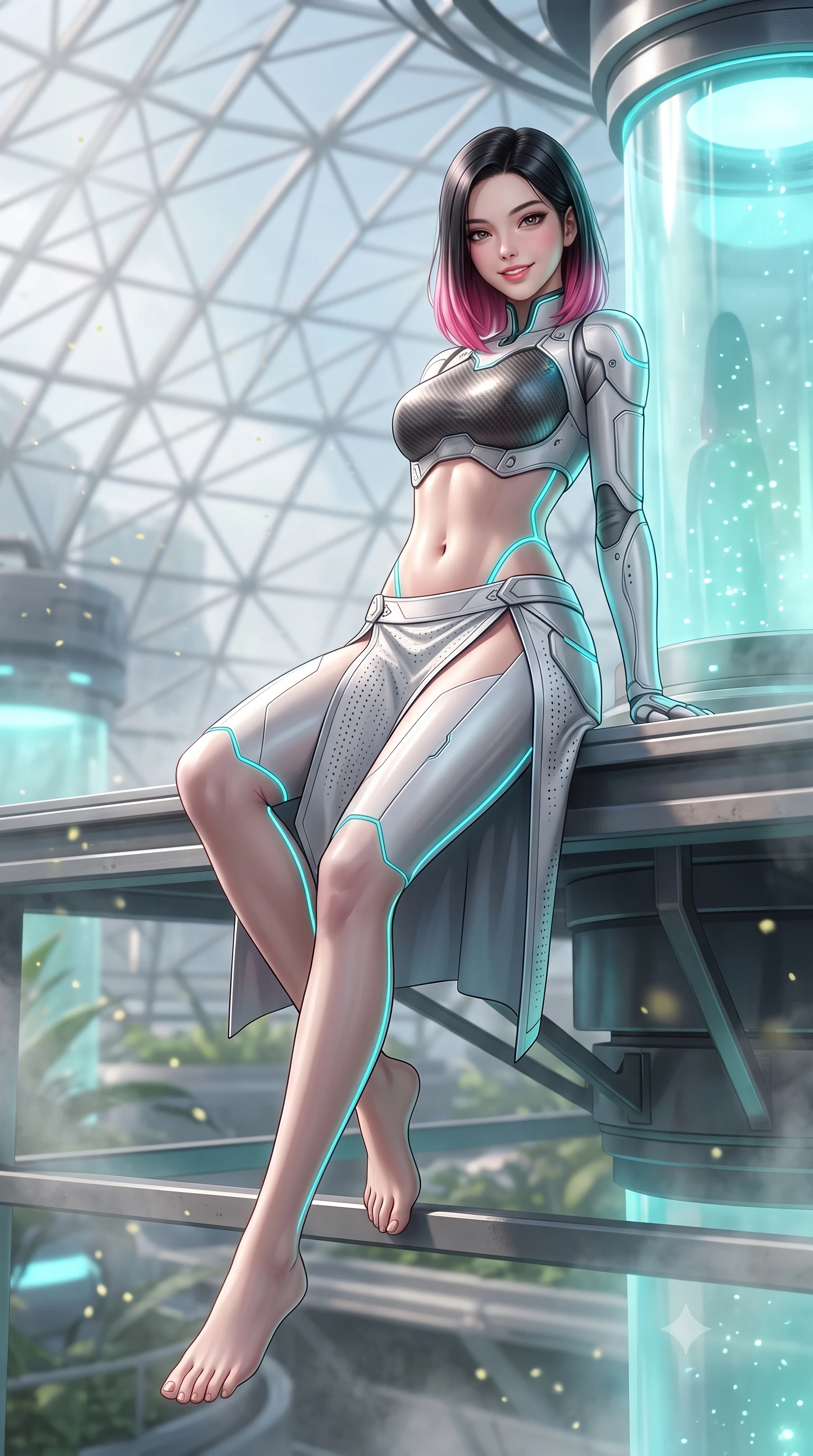 score_9, masterpiece, best quality, ultra-detailed, high-budget anime keyframe, semi-realistic 3D game render, editorial fashion photography, tasteful artistic composition, Korean woman. low angle full-body shot from head to toe showing her feet, filling the entire 9:16 vertical frame with her statuesque presence, stretching her vertical silhouette. sitting perched on the elevated maintenance gantry edge with legs crossed and hips angled toward the camera, displaying her toned midriff and long slender limbs with joyful, coquettish charm while leaning against an illuminated nutrient glass cylinder with hips cocked back, casting an alluring bedroom-gaze through drifting pollen mist. The background shows a soft-focus steaming nutrient aerosol vapors and soaring geodesic dome framework softened in sci-fi garden shallow focus. She has an absolutely perfect, statuesque 8.5-heads proportion, an exceptionally tall and slender model-like female figure with impossibly long slender legs, an ultra-slim waist, a flat toned midriff, narrow delicate ribcage, and beautifully sculpted feminine hips creating a graceful, slim hourglass silhouette without any bulky heaviness. sharp v-shaped jawline, high-bridge nose, intricate jewel-like sparkling eyes with depth, thick eyelashes, glossy parted lips with a natural sheen, bright confident smile with an enchanting and coquettish sensual glint, exuding both youthful magnetic charm and sovereign high-tech allure, flawlessly proportioned anatomical accuracy, strict slender model proportions, natural body alignment, perfectly sculpted long slender limbs, ultra-slim waistline, clean dynamic posture without body distortion. wearing a cyber-samurai tactical suit featuring a shortened carbon chestplate and high-slit armored wrap skirt in pure alabaster white and brushed silver accents, made of high-grade ballistic nylon with precision laser-cut perforations, accented with glowing neon fiber-optic piping tracing her spine and hip lines, the form-contouring cut accentuating her sculpted flat midriff, narrow delicate ribcage, and gracefully curvy hips with cybernetic supermodel precision. illuminated by nutrient tank glows and sharp cyan rim lights defining her sculpted collarbones, ultra-slim waist, and curvy hips. highly saturated vibrant anime colors, detailed shading with soft gradients, rich glossy textures, high-contrast stereoscopic depth, volumetric dynamic lighting, master piece, 9:16 ratio