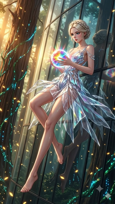 A high-quality 8-second cinematic video. A woman wearing a dress made of sharp, prismatic glass shards stands in an enchanted forest. She holds a glowing crystal orb that emits a spectrum of rainbow light, casting dancing shadows on the surrounding a