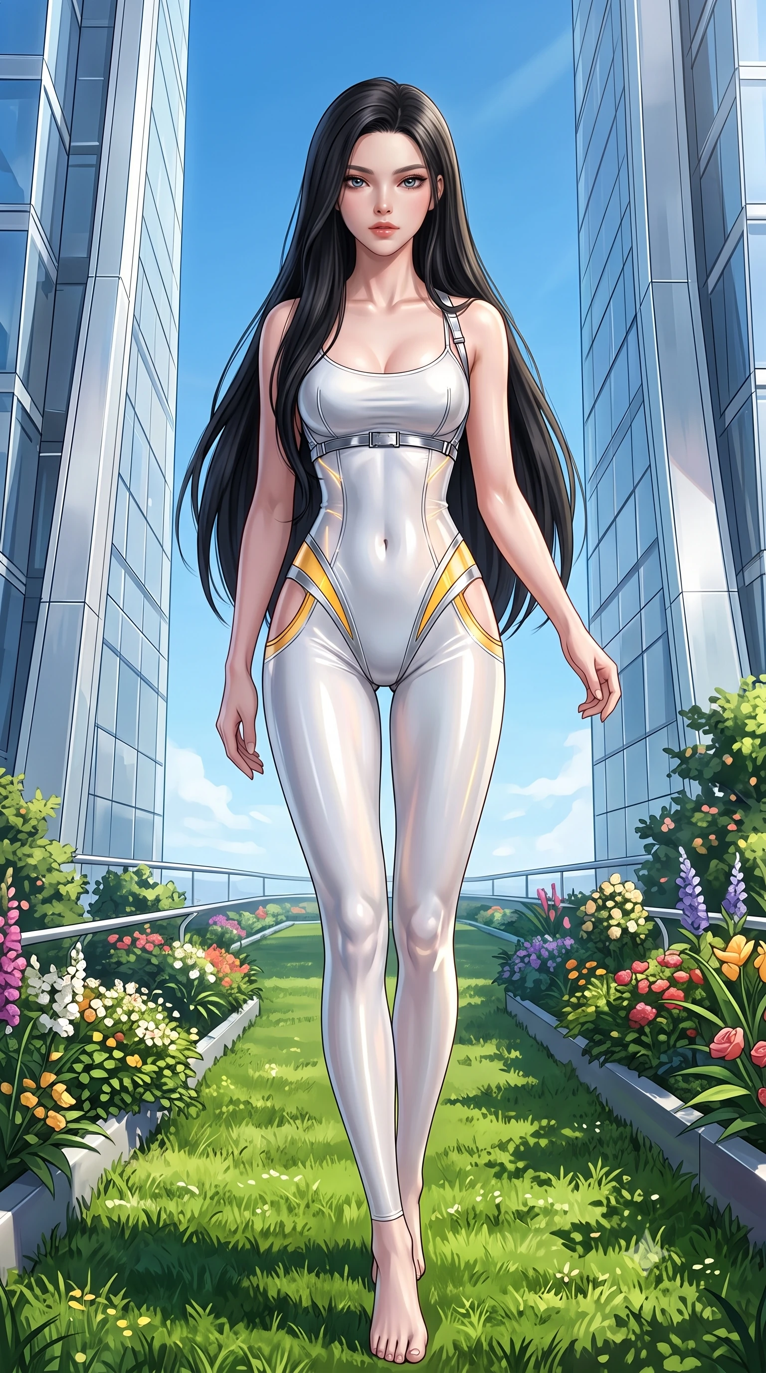 score_9, masterpiece, best quality, ultra-detailed, high-budget anime keyframe, semi-realistic 3D game render, editorial fashion photography, tasteful artistic composition, Korean woman. low angle full-body shot from head to toe showing her feet, filling the entire 9:16 vertical frame with her statuesque presence, stretching her vertical silhouette. pivoting dynamically in mid-motion with a breathtakingly alluring posture, displaying her flawless model proportions and ultra-slim waist while stepping along a verdant sky-garden walkway suspended between twin gleaming architectural towers. The surrounding environment is rendered in vivid detail and crisp panoramic clarity. crisp architectural tower glass facets, detailed sky-garden flower arrangements, and endless blue sky in deep focus. She has an absolutely perfect, statuesque 8.5-heads proportion, an exceptionally tall and slender model-like female figure with impossibly long slender legs, a toned flat midriff, and an ultra-slim waist. sharp v-shaped jawline, high-bridge nose, intricate jewel-like eyes with depth, thick eyelashes, glossy lips with a natural sheen, flawlessly proportioned anatomical accuracy, strict slender model proportions, natural body alignment, perfectly sculpted long slender limbs, ultra-slim waistline, clean dynamic posture without body distortion. wearing a second-skin white liquid-mercury micro-bodysuit sculpted tightly to her slender build, featuring razor-thin metallic straps and hip cutouts in vibrant sunburst canary yellow and gold trim, tailored from semi-translucent cybernetic vinyl with glowing micro-filaments, reinforced by a sleek metallic chrome harness and delicate glowing micro-straps, the liquid-tight tailored fabric emphasizing every curve of her tall, slender model proportions and sculptured silhouette during dynamic movement. illuminated by crisp specular highlights tracing her sculpted collarbones and waistline. highly saturated vibrant anime colors, detailed shading with soft gradients, rich glossy textures, high-contrast stereoscopic depth, volumetric dynamic lighting, master piece, 9:16 ratio
