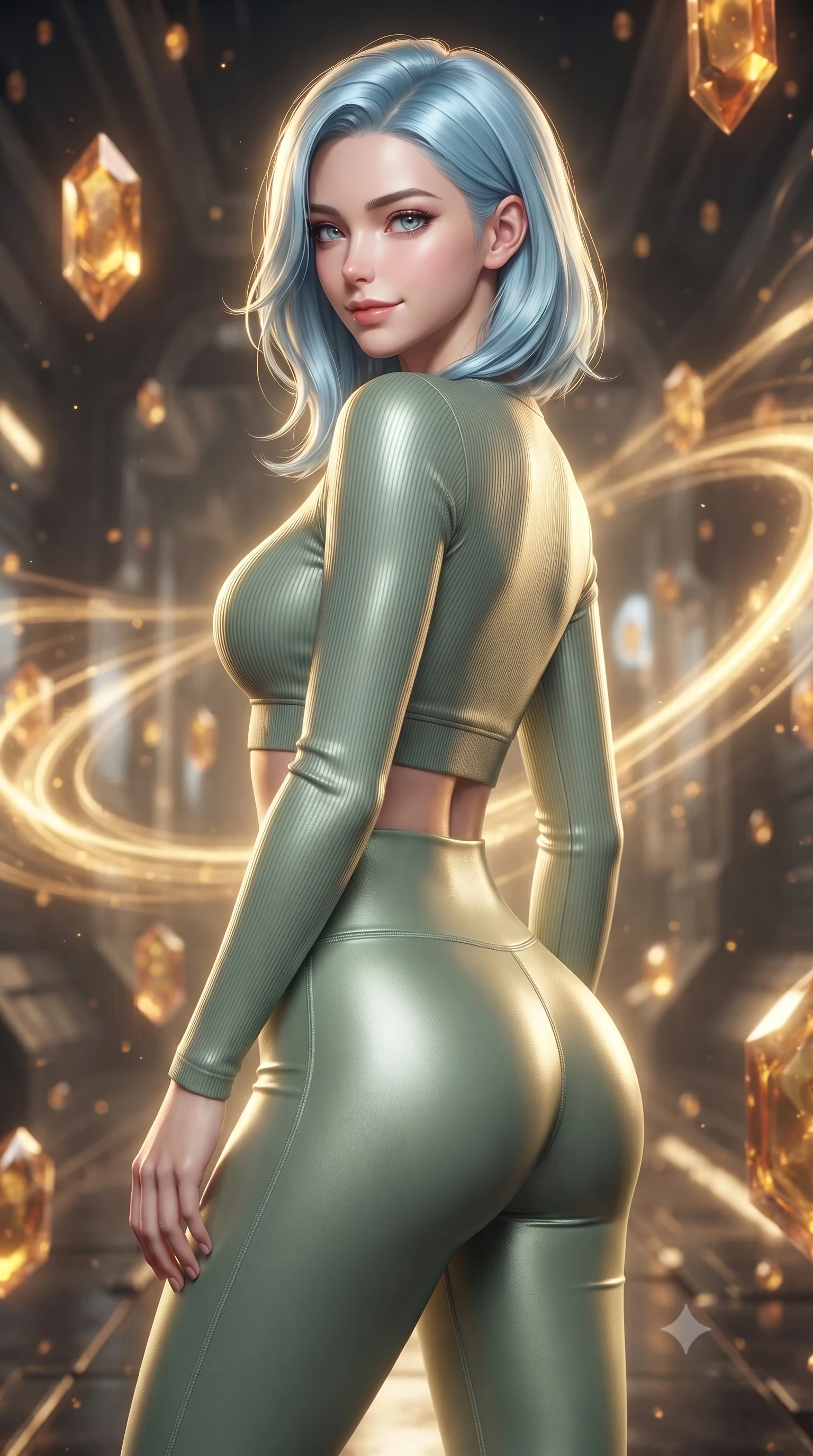 score_9, masterpiece, best quality, ultra-detailed, high-budget anime keyframe, editorial fashion photography, tasteful artistic composition, Korean woman woman. close-up cowboy shot from the waist and thighs up, the character dominates the composition, filling the frame with her large presence, background elements kept in soft focus. She has an exceptionally elegant, slender, and willowy female figure with an ultra-slim waist, a gracefully sculpted slender torso, and a refined silhouette. glancing sidelong over her shoulder with a smoldering, magnetic half-smile, flawlessly proportioned anatomical accuracy, natural body alignment, perfectly sculpted elegant limbs, clean dynamic posture without body distortion. set against a soft-focus background of a temporal corridor with floating amber time crystals. wearing a tight-fitting sage green ribbed activewear set with a body-hugging silhouette. bathed in golden temporal energy flares casting dramatic volumetric rim lighting. ultra-reflective glossy finish, specular highlights, metallic sheen, high-contrast stereoscopic depth, volumetric dynamic lighting, 2k, ultra detail, master piece, 9:16 ratio