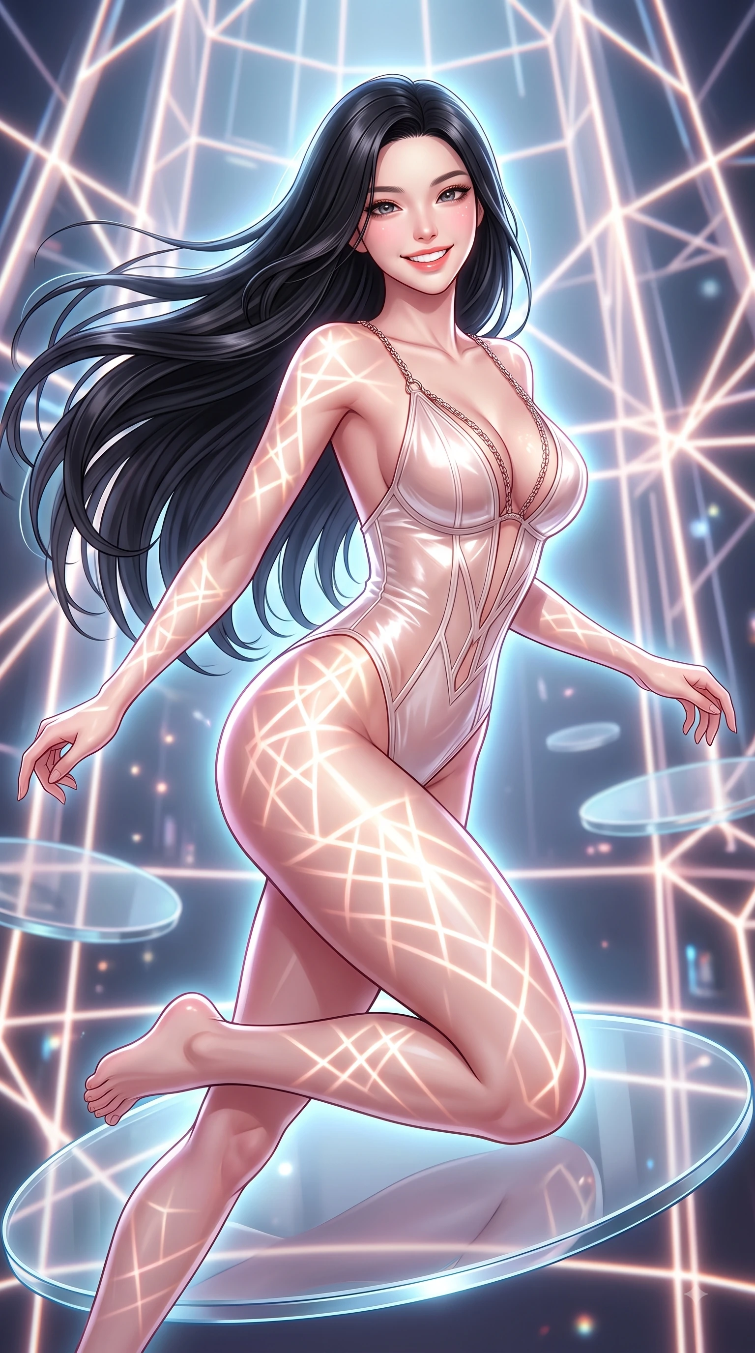 score_9, masterpiece, best quality, ultra-detailed, high-budget anime keyframe, editorial fashion photography, tasteful artistic composition, Korean woman. close-up cowboy shot from the waist and thighs up, the character dominates the composition, filling the frame with her large presence, background elements kept in soft focus. Radiant bright smile with sparkling eyes directed right into the lens, her torso turning in a dynamic S-curve alignment while leaping across a floating glass disk inside a geometric light matrix with a beaming face, intricate geometric lattice patterns of bright light projected onto her skin. She has an exceptionally elegant, slender, and willowy female figure with an ultra-slim waist, a gracefully sculpted slender torso, and a refined silhouette. sharp v-shaped jawline, high-bridge nose, intricate jewel-like eyes with depth, thick eyelashes, glossy lips with a natural sheen, flawlessly proportioned anatomical accuracy, natural body alignment, perfectly sculpted elegant limbs, clean dynamic posture without body distortion. wearing a high-cut translucent vinyl leotard with front paneling and open back in pearl white and rose gold, made of premium stretch velvet with a rich sheen, adorned with delicate metallic chain straps along the neckline, the sleek second-skin texture accentuating her magnetic presence. surrounded by a vibrant fluorescent aura with bright specular rim lights. highly saturated vibrant anime colors, detailed shading with soft gradients, rich glossy textures, high-contrast stereoscopic depth, volumetric dynamic lighting, master piece, 9:16 ratio
