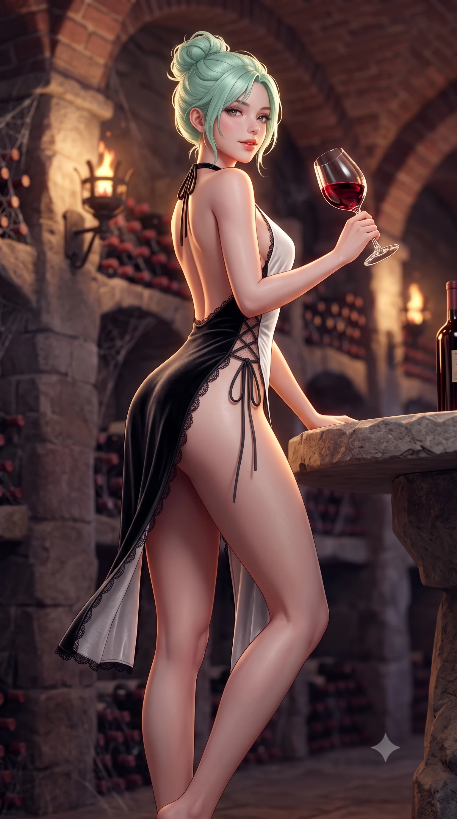 score_9, masterpiece, best quality, ultra-detailed, high-budget anime keyframe, semi-realistic 3D game render, editorial fashion photography, tasteful artistic composition, Japanese woman. low angle full-body shot from head to toe showing her feet, filling the entire 9:16 vertical frame with her statuesque presence, stretching her vertical silhouette. executing a slow, graceful pivot turn as her skirt sways around her slender legs, glancing back with an enchanting, teasing sensual expression while leaning over the rough stone tasting table with hips cocked back, swirling a crystal glass of dark red wine with smoldering bedroom-eyes. The background shows a soft-focus rows of cobwebbed wine bottles in stone alcoves, flickering iron wall braziers, and vaulted brick arches blurred into burgundy, bronze, and charcoal bokeh. She has an absolutely perfect, statuesque 8.5-heads proportion, an exceptionally tall and slender model-like female figure with impossibly long slender legs, an ultra-slim waist, a flat toned midriff, narrow delicate ribcage, and beautifully sculpted feminine hips creating a graceful, slim hourglass silhouette without any bulky heaviness. sharp v-shaped jawline, high-bridge nose, sparkling eyes with hypnotic seductive depth, thick curled eyelashes, glossy parted lips with a natural dewy peach sheen, alluring bedroom-eyes with an enchanting coquettish smile, exuding magnetic siren charisma and sophisticated glamour, flawlessly proportioned anatomical accuracy, strict slender model proportions, natural body alignment, perfectly sculpted long slender limbs, ultra-slim waistline, clean dynamic posture without body distortion. wearing a slinky backless halterneck velvet leotard with scalloped eyelash lace hems and sheer lace-up side ties in high-contrast minimalist monochrome black and pure alabaster white, tailored from ultra-plush velvet with rich tactile depth and deep shadow gradients, finished with fine criss-cross lace-up side ties revealing tantalizing glimpses of her hip curve, the high-slit wrap tailoring accentuating her ultra-slim waistline and the enchanting curve of her feminine hips with alluring seductive charm. illuminated by wine puddle specular bounce and sharp warm-amber rim lights sculpting her jawline, flat midriff, and voluptuous hip curves. highly saturated vibrant anime colors, detailed shading with soft gradients, rich glossy textures, high-contrast stereoscopic depth, volumetric dynamic lighting, master piece, 9:16 ratio