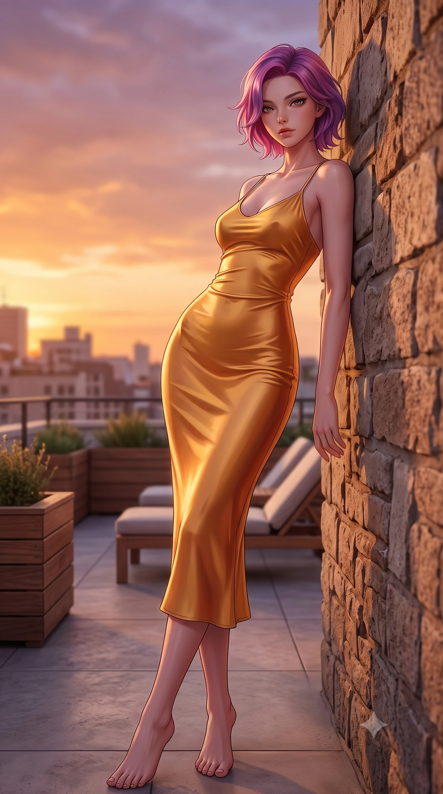 score_9, masterpiece, best quality, ultra-detailed, high-budget anime keyframe, editorial fashion photography, tasteful artistic composition, Caucasian woman woman. low angle full-body shot from head to toe showing her feet, filling the entire 9:16 vertical frame with her statuesque presence, stretching her vertical silhouette. leaning back against a rustic stone wall, casting a slow, alluring gaze at the camera the background shows a soft-focus a rooftop terrace filled with wooden planters, comfortable lounge chairs, and city views. She has an absolutely perfect, statuesque 8.5-heads proportion, an exceptionally tall and slender model-like female figure with impossibly long slender legs and an ultra-slim waist. sharp v-shaped jawline, high-bridge nose, intricate jewel-like eyes with depth, thick eyelashes, glossy lips with a natural sheen. wearing a form-contouring body-hugging liquid silk slip dress in sunset gold, clinging to her slender waist and hips. warm golden sunset light painting the urban sky in orange and violet. 2k, ultra detail, master piece, 9:16 ratio