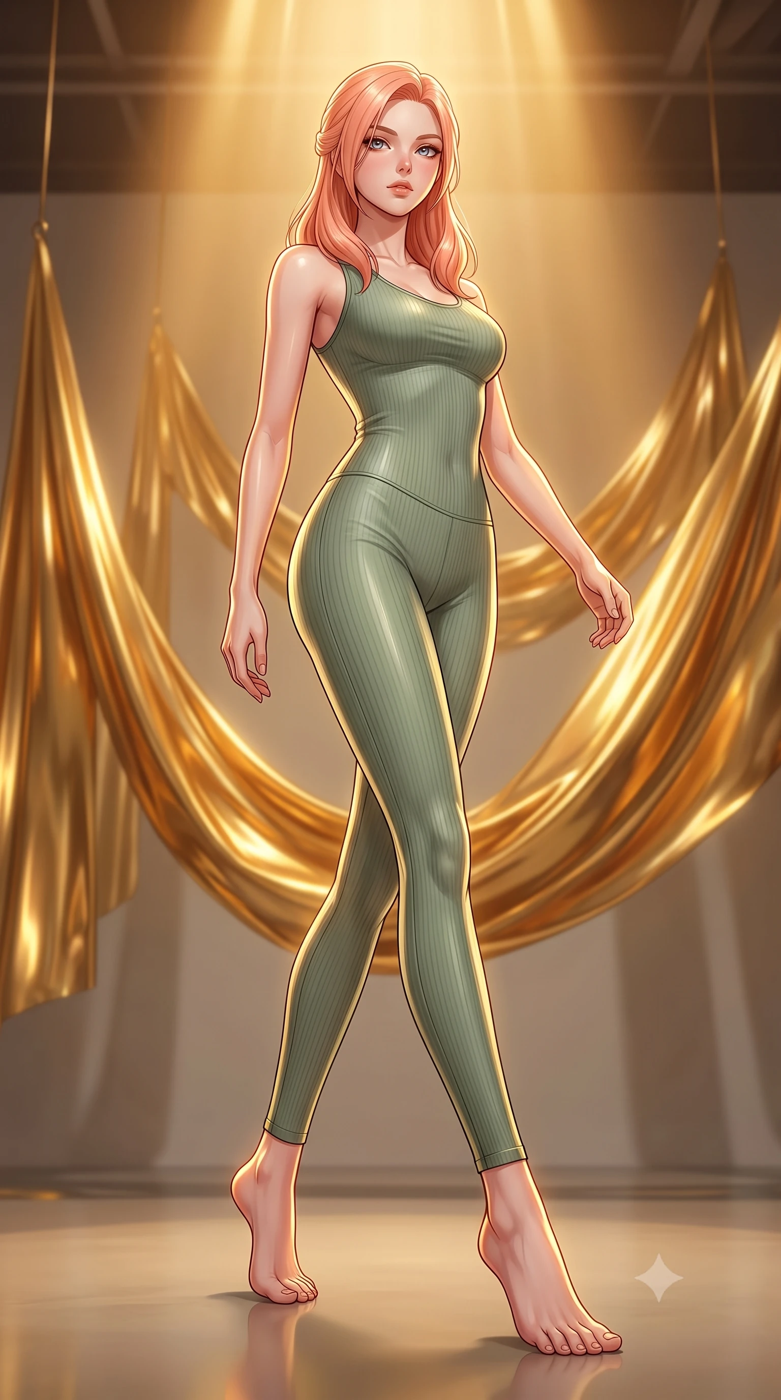 score_9, masterpiece, best quality, ultra-detailed, high-budget anime keyframe, editorial fashion photography, tasteful artistic composition, Japanese woman woman. low angle full-body shot from head to toe showing her feet, filling the entire 9:16 vertical frame with her statuesque presence, stretching her vertical silhouette. She has an absolutely perfect, statuesque 8.5-heads proportion, an exceptionally tall and slender model-like female figure with impossibly long slender legs and an ultra-slim waist. stepping gracefully forward in a proud statuesque stride, her body turning in a fluid S-curve silhouette, flawlessly proportioned anatomical accuracy, natural body alignment, perfectly sculpted elegant limbs, clean dynamic posture without body distortion. set against a soft-focus background of an avant-garde art studio with suspended liquid gold drapes. wearing a tight-fitting sage green ribbed activewear set with a body-hugging silhouette. bathed in warm amber spotlighting creating metallic specular highlights on her form. highly saturated vibrant anime colors, detailed shading with soft gradients, rich glossy textures, high-contrast stereoscopic depth, volumetric dynamic lighting, master piece, 9:16 ratio