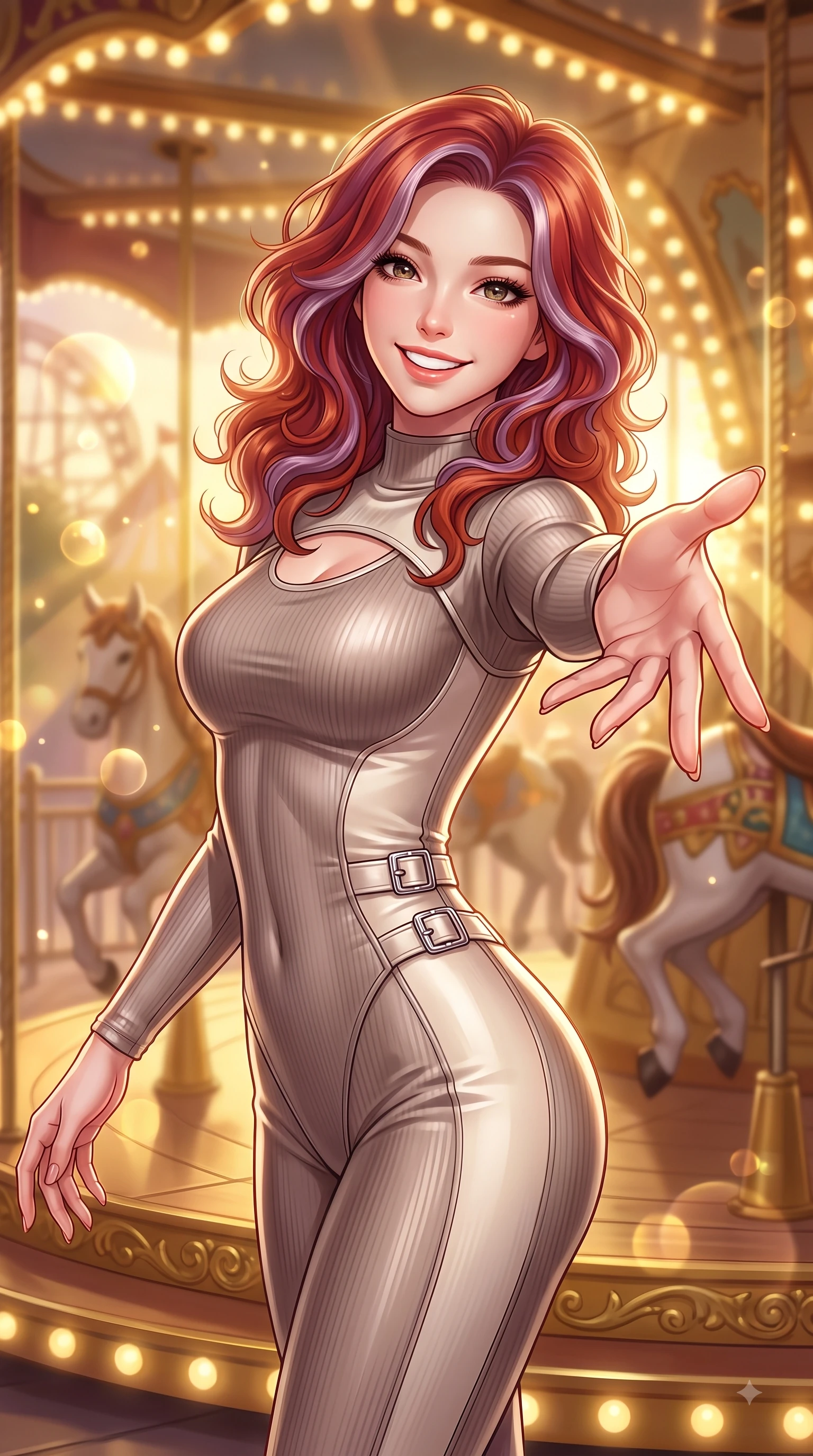 score_9, masterpiece, best quality, ultra-detailed, high-budget anime keyframe, editorial fashion photography, tasteful artistic composition, Caucasian woman. close-up cowboy shot from the waist and thighs up, the character dominates the composition, filling the frame with her large presence, background elements kept in soft focus. Radiant bright smile with sparkling eyes directed right into the lens, her torso turning in a dynamic S-curve alignment while reaching one arm out playfully toward the camera while spinning on a golden carousel deck, golden hour sunbursts filtering through theme park structures in magical beams. She has an exceptionally elegant, slender, and willowy female figure with an ultra-slim waist, a gracefully sculpted slender torso, and a refined silhouette. sharp v-shaped jawline, high-bridge nose, intricate jewel-like eyes with depth, thick eyelashes, glossy lips with a natural sheen, flawlessly proportioned anatomical accuracy, natural body alignment, perfectly sculpted elegant limbs, clean dynamic posture without body distortion. wearing a form-fitting ribbed activewear set with elegant collar cutouts in muted taupe and soft ivory, crafted from lustrous satin jersey with fluid draping, detailed with polished silver buckles along the waistline, the sleek second-skin texture accentuating her magnetic presence. illuminated by cheerful festive backlighting with soft golden bokeh bubbles. highly saturated vibrant anime colors, detailed shading with soft gradients, rich glossy textures, high-contrast stereoscopic depth, volumetric dynamic lighting, master piece, 9:16 ratio