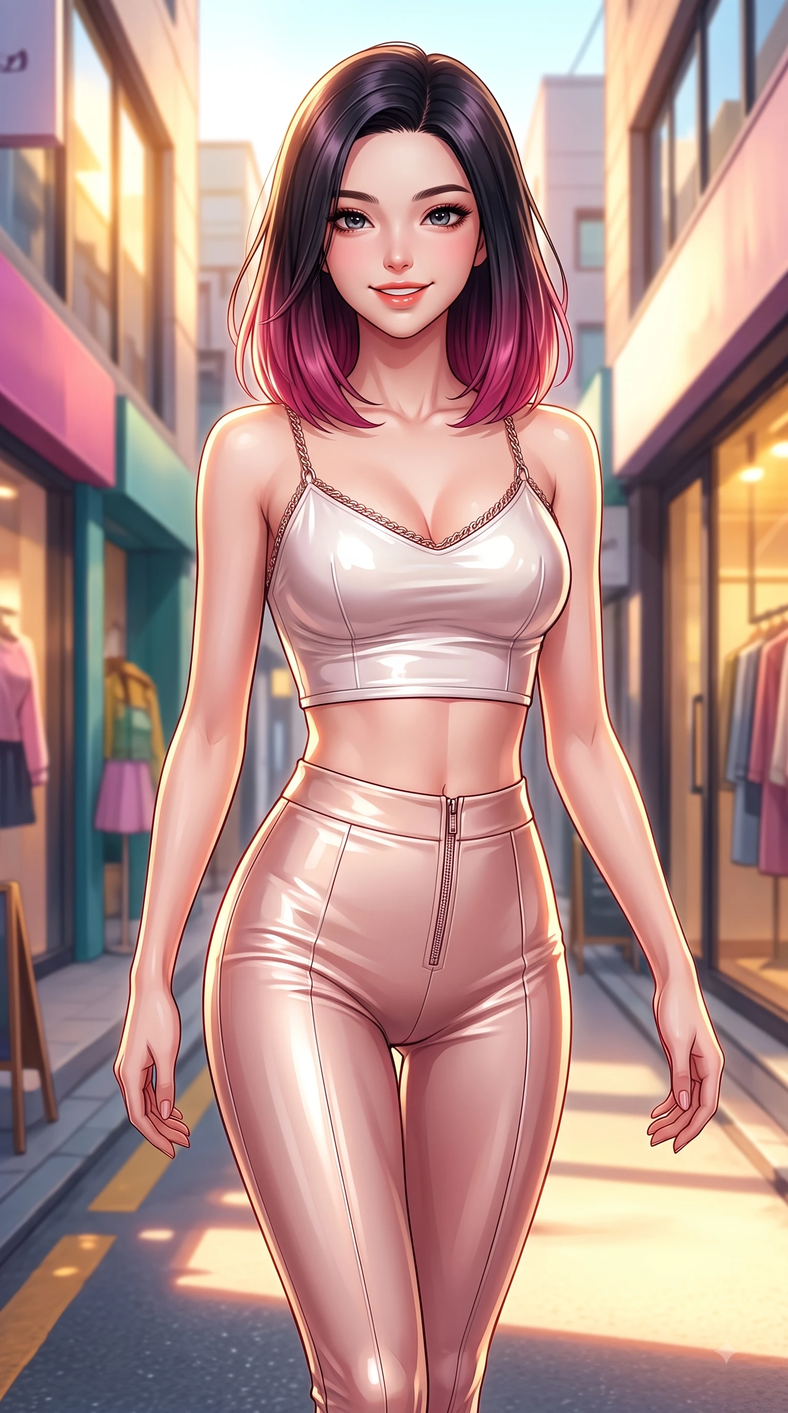 score_9, masterpiece, best quality, ultra-detailed, high-budget anime keyframe, editorial fashion photography, tasteful artistic composition, Korean woman. close-up cowboy shot from the waist and thighs up, the character dominates the composition, filling the frame with her large presence, background elements kept in soft focus. Youthful bright smile exuding pure cute charm and fresh energy, her torso turning dynamically into the lens while walking dynamically down a vibrant Seongsu-dong alley lined with trendy fashion pop-up stores, trendy fashion window displays reflecting golden afternoon sunlight vividly. She has an exceptionally elegant, slender, and willowy female figure with an ultra-slim waist, a gracefully sculpted slender torso, and a refined silhouette. sharp v-shaped jawline, high-bridge nose, intricate jewel-like eyes with depth, thick eyelashes, glossy lips with a natural sheen, flawlessly proportioned anatomical accuracy, natural body alignment, perfectly sculpted elegant limbs, clean dynamic posture without body distortion. wearing a glossy vinyl crop top and high-waist tailored leggings with sleek zippers in pearl white and rose gold, crafted from smooth liquid silk, adorned with delicate metallic chain straps along the neckline, the glove-like fit emphasizing her statuesque silhouette during motion. bathed in bright golden hour sunshine and warm urban ambient illumination. highly saturated vibrant anime colors, detailed shading with soft gradients, rich glossy textures, high-contrast stereoscopic depth, volumetric dynamic lighting, master piece, 9:16 ratio