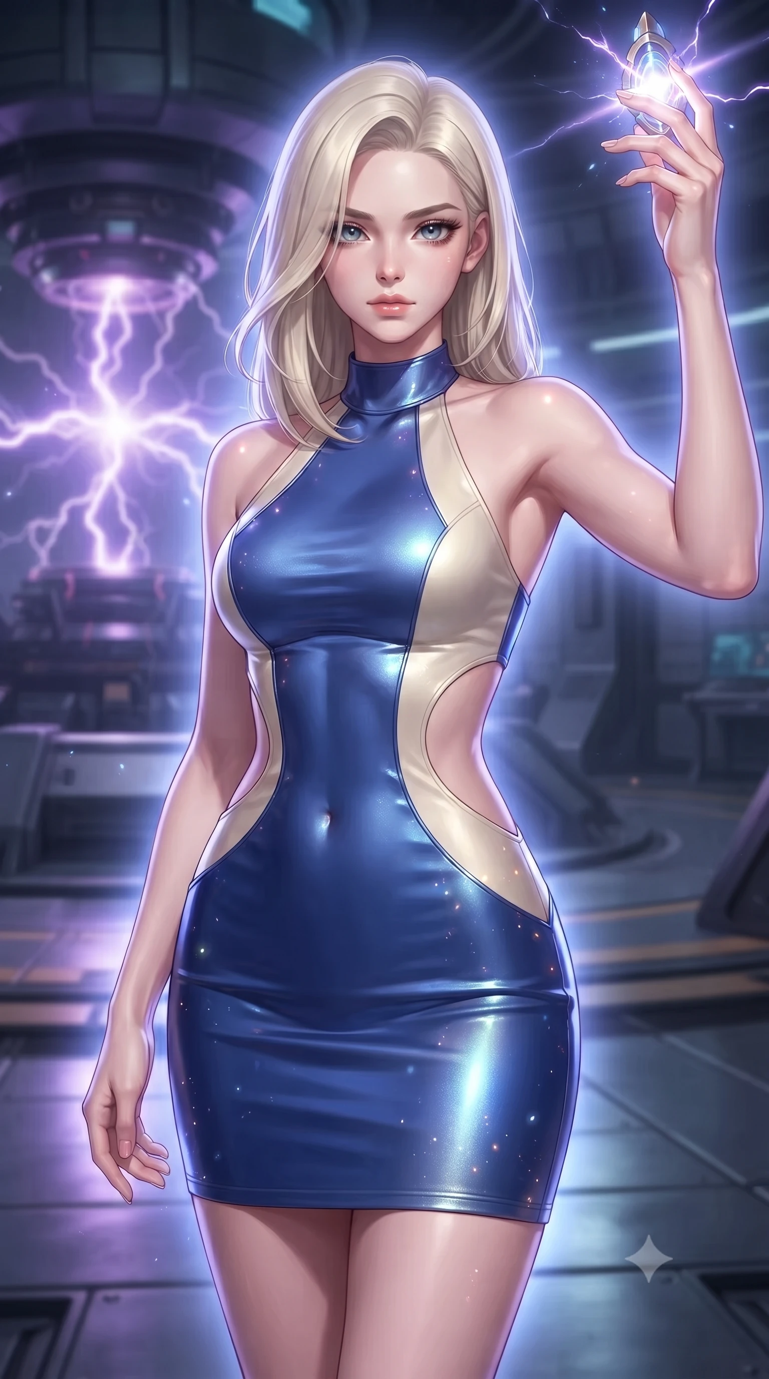 score_9, masterpiece, best quality, ultra-detailed, high-budget anime keyframe, editorial fashion photography, tasteful artistic composition, realistic cosplay photography, Caucasian woman, strictly human ears. close-up cowboy shot from the waist and thighs up, the character dominates the composition, filling the frame with her large presence, background elements kept in soft focus. Holding a glowing relic aloft with a triumphant, commanding expression. set against a soft-focus background of inside a tech generator where a large electromagnetic core pulses with purple lightning arcs, metallic floors vibrating. She has an exceptionally elegant and slender, willowy female figure with an ultra-slim waist, a gracefully sculpted slender torso, and a refined slim physique. sharp v-shaped jawline, high-bridge nose, intricate jewel-like eyes with depth, thick eyelashes, glossy lips with a natural sheen. wearing catching and diffusing the glowing particles, shimmering softly in response to the surrounding light, a tailored structured halter-neck bodycon dress in two-tone cobalt blue and cream, with dramatic curved cutouts at the sides of the torso. cool ethereal blue-violet bioluminescent glow wrapping around her from all sides. ultra-reflective glossy finish, specular highlights, metallic sheen, high-contrast stereoscopic depth, volumetric dynamic lighting, 2k, ultra detail, master piece, 9:16 ratio