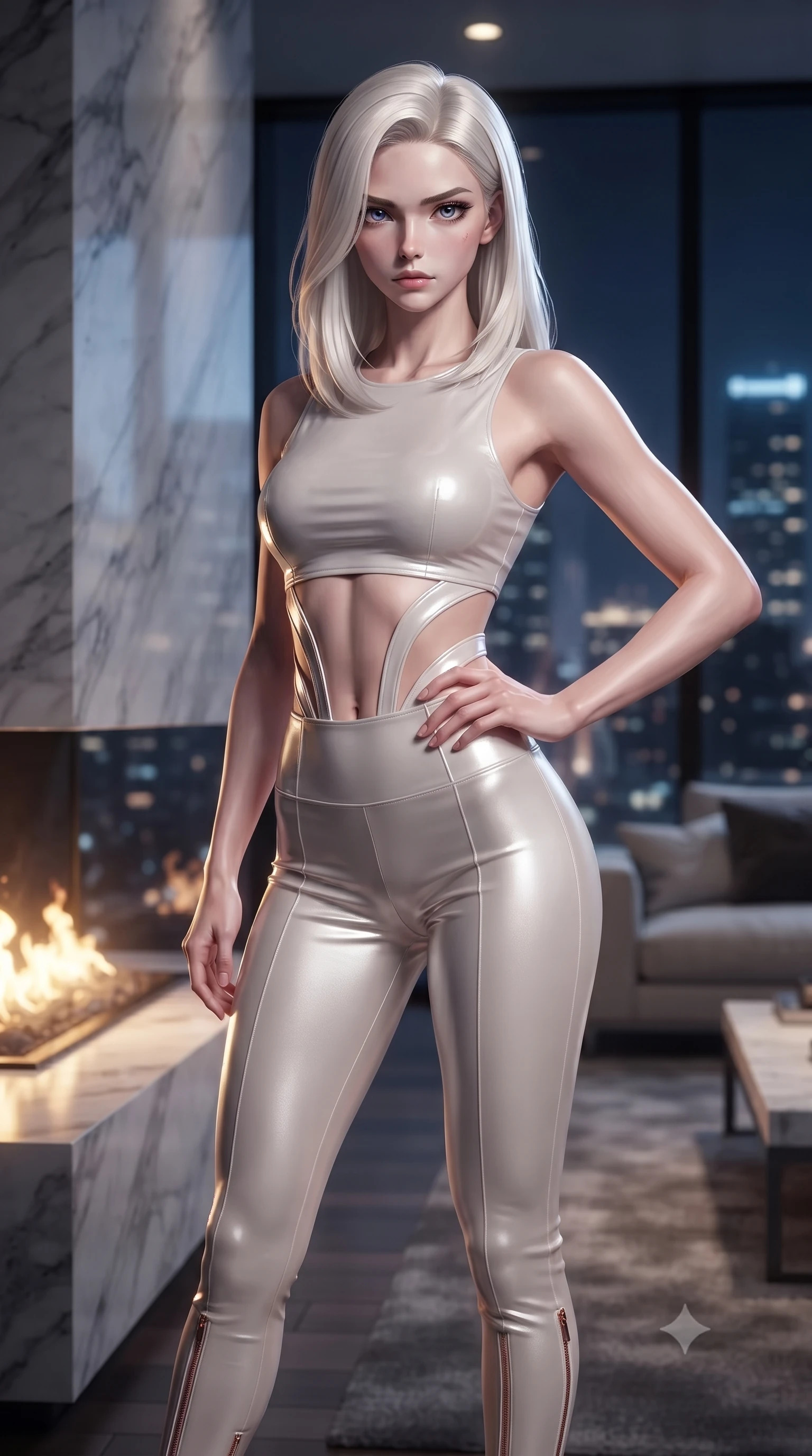 score_9, masterpiece, best quality, ultra-detailed, high-budget anime keyframe, editorial fashion photography, tasteful artistic composition, Caucasian woman. close-up cowboy shot from the waist and thighs up, the character dominates the composition, filling the frame with her large presence, background elements kept in soft focus. Holding a confident power pose with one hand on her hip, gazing directly into the camera with quiet intensity resting near a sleek marble fireplace emitting soft golden hearth embers, glistening city skyline lights twinkling softly through the massive window. She has an exceptionally elegant, slender, and willowy female figure with an ultra-slim waist, a gracefully sculpted slender torso, and a refined silhouette. sharp v-shaped jawline, high-bridge nose, intricate jewel-like eyes with depth, thick eyelashes, glossy lips with a natural sheen. wearing a glossy vinyl crop top and high-waist tailored leggings with sleek zippers in pearl white and rose gold, made of premium stretch velvet with a rich sheen, featuring clean architectural cutouts along her slender torso, the tailored fabric tightly following every curve of her athletic build. illuminated by glowing hearth embers and dramatic city night rim light. ultra-reflective glossy finish, specular highlights, metallic sheen, high-contrast stereoscopic depth, volumetric dynamic lighting, 2k, ultra detail, master piece, 9:16 ratio