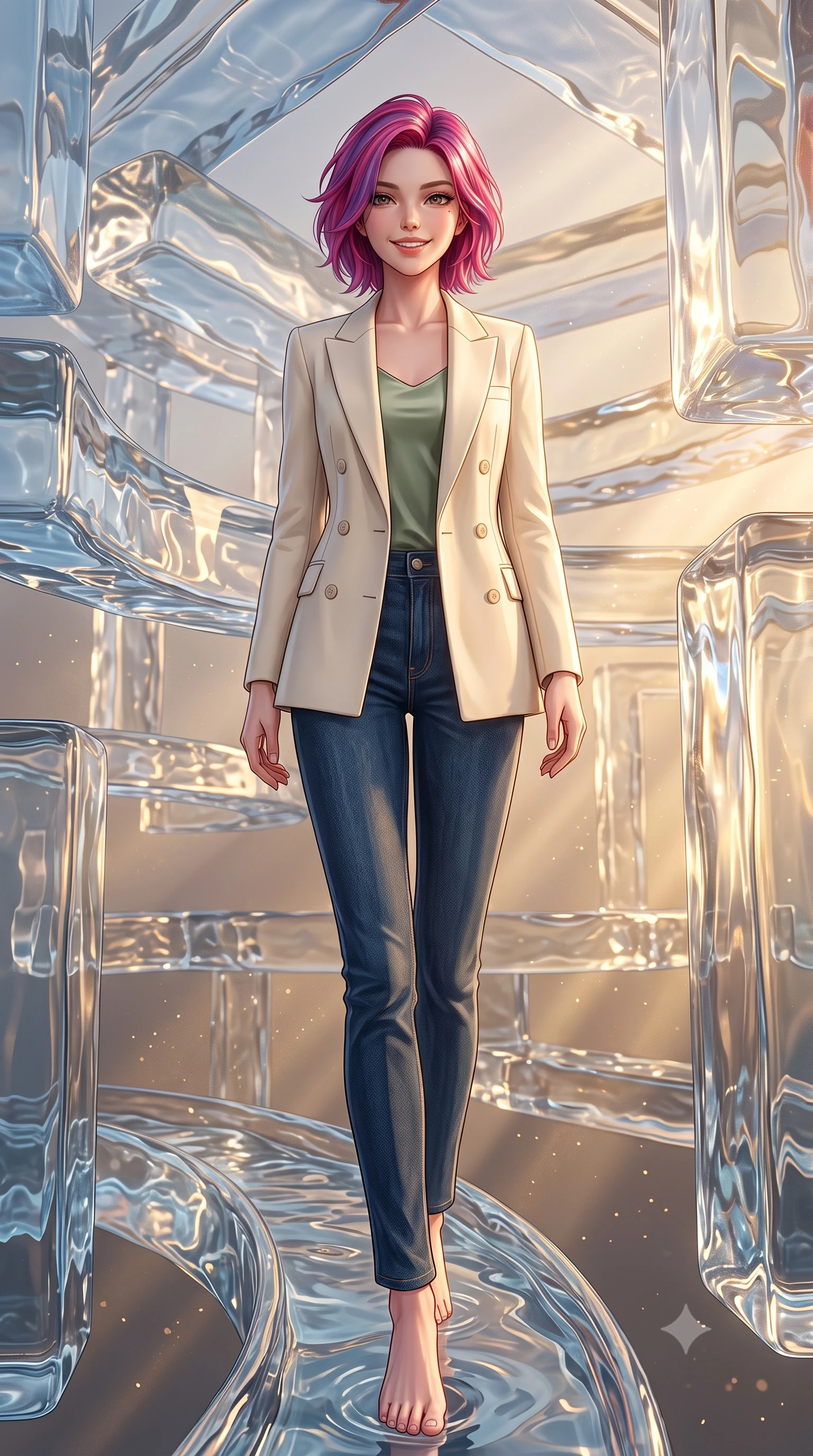 score_9, masterpiece, best quality, ultra-detailed, high-budget anime keyframe, editorial fashion photography, tasteful artistic composition, Caucasian woman, strictly human ears. low angle full-body shot from head to toe showing her feet, filling the entire 9:16 vertical frame with her statuesque presence, stretching her vertical silhouette. threading her way with a cheerful, optimistic expression through in a floating maze of suspended corridors made of liquid water that hold their shape in mid-air, bending all light that passes through them. She has a statuesque 8.5-heads proportion, an exceptionally tall, slender and willowy model-like build with impossibly long legs and a highly sculpted ultra-slim waist. sharp v-shaped jawline, high-bridge nose, intricate jewel-like eyes with depth, thick eyelashes, glossy lips with a natural sheen. wearing a tailored cream double-breasted blazer over a sage green silk top, paired with raw dark blue denim. golden hour sunlight streaming in warm shafts with floating dust particles catching the light. 2k, ultra detail, master piece, 9:16 ratio