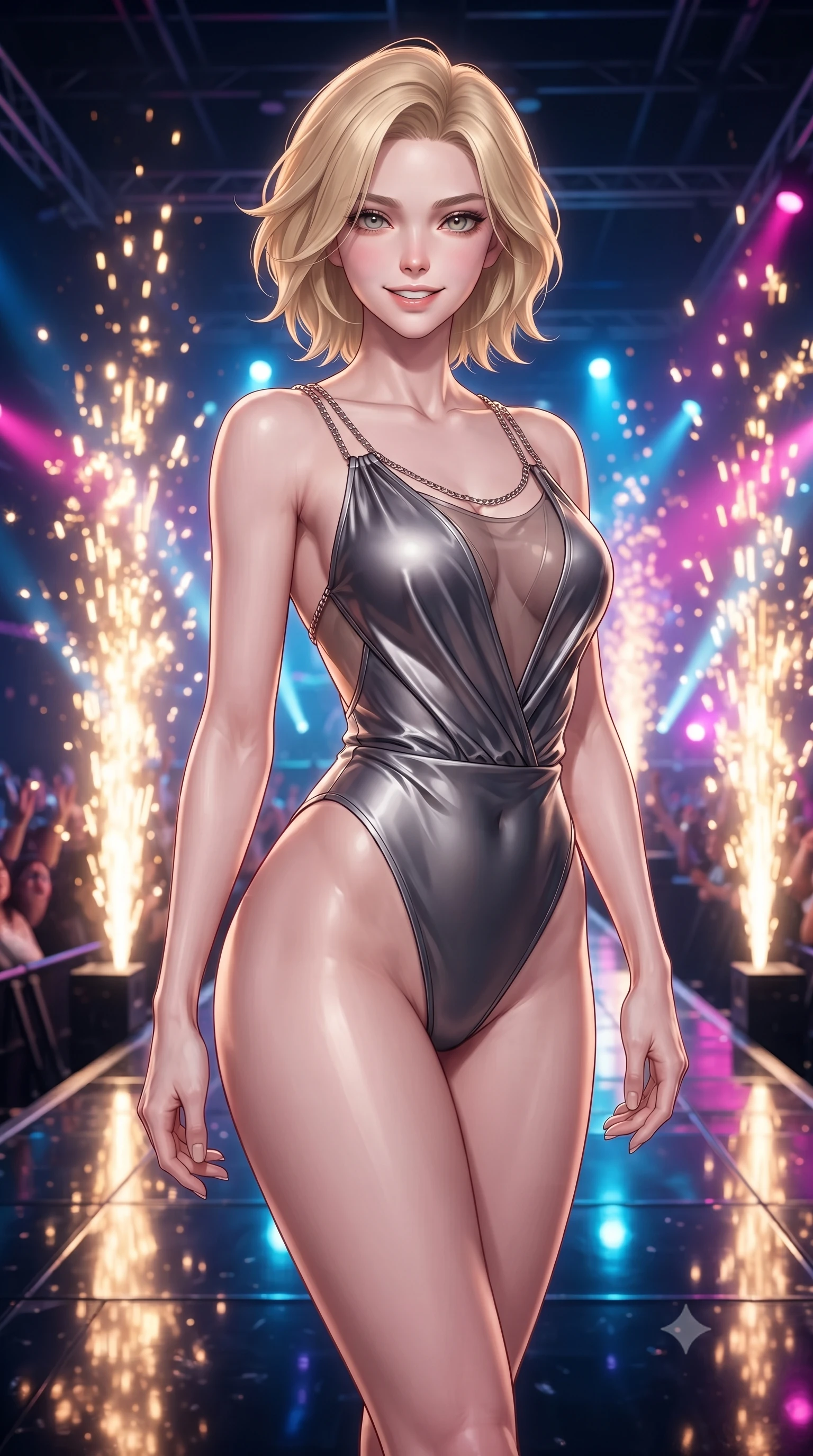 score_9, masterpiece, best quality, ultra-detailed, high-budget anime keyframe, editorial fashion photography, tasteful artistic composition, Caucasian woman. close-up cowboy shot from the waist and thighs up, the character dominates the composition, filling the frame with her large presence, background elements kept in soft focus. Smiling with quiet, magnetic self-assurance directly into the lens poised on a hydraulic lift platform surrounded by dazzling pyrotechnic sparks, shiny dark stage surface reflecting every concert light beam vividly. She has an exceptionally elegant, slender, and willowy female figure with an ultra-slim waist, a gracefully sculpted slender torso, and a refined silhouette. sharp v-shaped jawline, high-bridge nose, intricate jewel-like eyes with depth, thick eyelashes, glossy lips with a natural sheen. wearing a high-cut translucent vinyl leotard with front paneling and open back in charcoal grey and platinum, crafted from lustrous satin jersey with fluid draping, adorned with delicate metallic chain straps along the neckline, the form-contouring material highlighting her ultra-slim waist and long lines. illuminated by golden spark explosions and high-contrast concert lighting. highly saturated vibrant anime colors, detailed shading with soft gradients, rich glossy textures, high-contrast stereoscopic depth, volumetric dynamic lighting, master piece, 9:16 ratio