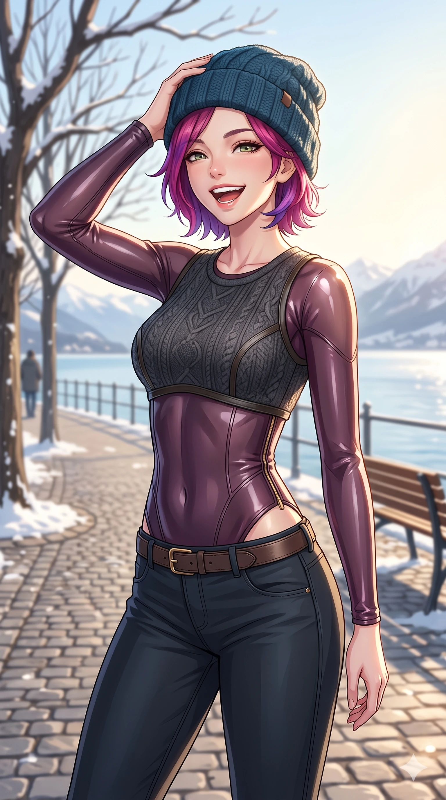 score_9, masterpiece, best quality, ultra-detailed, high-budget anime keyframe, vibrant anime aesthetic, Caucasian woman, strictly human ears. cowboy shot from the thighs up, character and outfit filling the frame for maximum presence. She is laughing cheerfully while adjusting her knit hat in the bright winter afternoon sun by a lakeside promenade under warm winter sun (Code-P21-187). She has an absolutely perfect 8-heads proportion, an exceptionally tall and slender female figure with impossibly long slender legs and an ultra-slim waist. V-shaped jawline, high-bridge nose, intricate jewel-like eyes with depth, thick eyelashes, glossy lips with a natural sheen. wearing a semi-opaque textured bodice over a translucent high-shine sleek technical bodysuit with refined side vent design in winter. She is bathed in bright volumetric winter sunlight that highlights her V-shaped jawline and lips. 2k, ultra detail, master piece, 9:16 ratio