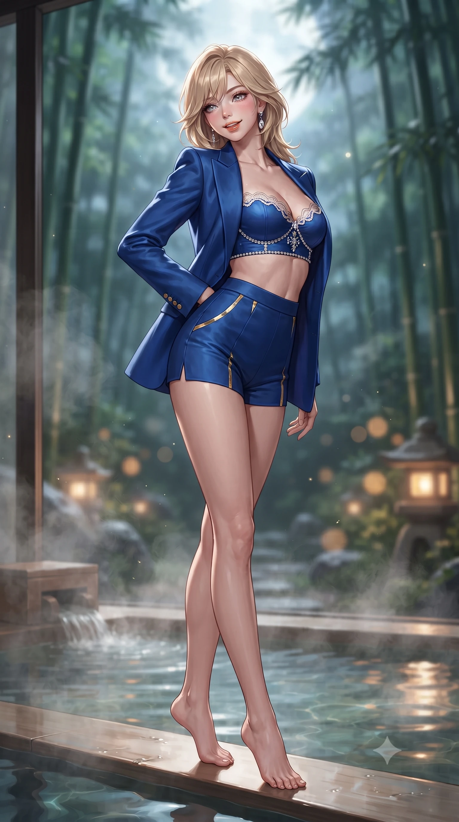 score_9, masterpiece, best quality, ultra-detailed, high-budget anime keyframe, editorial fashion photography, tasteful artistic composition, Japanese woman. low angle full-body shot from head to toe showing her feet, filling the entire 9:16 vertical frame with her statuesque presence, stretching her vertical silhouette. posing in a classic haute-couture S-curve stance beside the floor-to-ceiling window, looking over a bare shoulder with magnetic presence while standing poised on the edge of the steaming fragrant cypress hinoki bath, arching her spine with wet-look siren grace under the moonlit bamboo. The background shows a soft-focus towering moonlit bamboo groves, rising thermal steam clouds, and stone garden lanterns blurred into jade, silver, and warm amber bokeh. She has an exceptionally tall and slender model-like 8.5-heads proportion, an ultra-slim waist, a flat toned midriff, narrow delicate ribcage, and beautifully sculpted feminine hips creating a graceful, slim hourglass silhouette without any bulky heaviness, with impossibly long slender legs. sharp v-shaped jawline, high-bridge nose, intricate jewel-like sparkling eyes with depth, thick eyelashes, glossy parted lips with a natural peach sheen, bright cheerful beaming smile with an enchanting and coquettish sensual glint, exuding both youthful cute charm and seductive allure, flawlessly proportioned anatomical accuracy, strict slender model proportions, natural body alignment, perfectly sculpted long slender limbs, ultra-slim waistline, clean dynamic posture without body distortion. wearing a modern tailored open-front smoking jacket blazer worn over a jeweled bandeau crop top and high-waisted tailored micro-shorts in Burj Arabian royal sapphire blue and molten gold, made of semi-opaque stretch illusion mesh with soft shadowy contours along her waist, finished with scalloped eyelash lace trim framing her sweetheart neckline with intimate elegance, the precision-cut side openings and low-back scoop framing her graceful spine and the sensual sweep of her slim, toned hips. illuminated by thermal pool surface caustics and sharp pearlescent rim lights sculpting her razor-sharp jawline, narrow waist, and curvy hips. ultra-reflective glossy finish, specular highlights, rich textural contrasts, high-contrast stereoscopic depth, volumetric dynamic lighting, 2k, ultra detail, master piece, 9:16 ratio