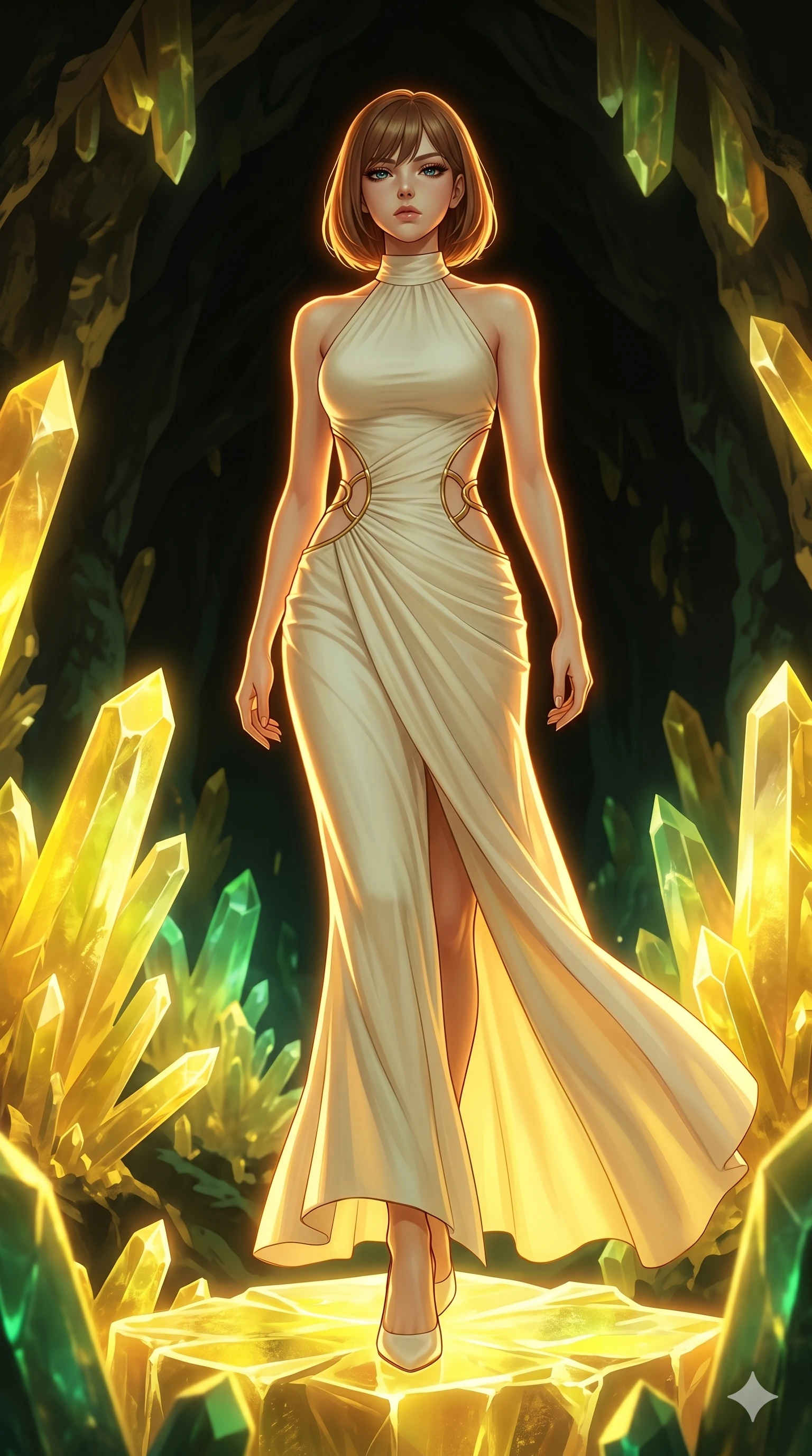 score_9, masterpiece, best quality, ultra-detailed, high-budget anime keyframe, editorial fashion photography, tasteful artistic composition, Caucasian woman, strictly human ears. low angle full-body shot from head to toe showing her feet, filling the entire 9:16 vertical frame with her statuesque presence, stretching her vertical silhouette. Stepping powerfully forward onto an elevated surface inside a cave of giant sulfur crystals casting a warm yellow and emerald glow. She has an absolutely perfect 8-heads proportion, an exceptionally tall and slender female figure with impossibly long slender legs and an ultra-slim waist. V-shaped jawline, high-bridge nose, intricate jewel-like eyes with depth, thick eyelashes, glossy lips with a natural sheen. wearing a floor-length draped gown in ivory crepe with a halter neckline and delicate geometric cutouts at the sides of the waist framed by gold-tone rings. drenched in warm amber cinematic rim lighting that traces every contour of her silhouette against a dark background. 2k, ultra detail, master piece, 9:16 ratio
