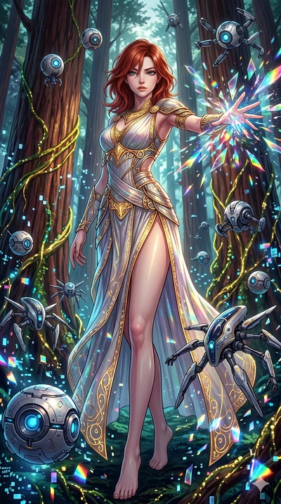 score_9, masterpiece, best quality, ultra-detailed, Set A: High-budget Anime Keyframe, Japanese woman. Upper body close-up from the thighs up, character filling the screen for maximum presence. Theme: Primal Nature. shattering the fabric of reality i