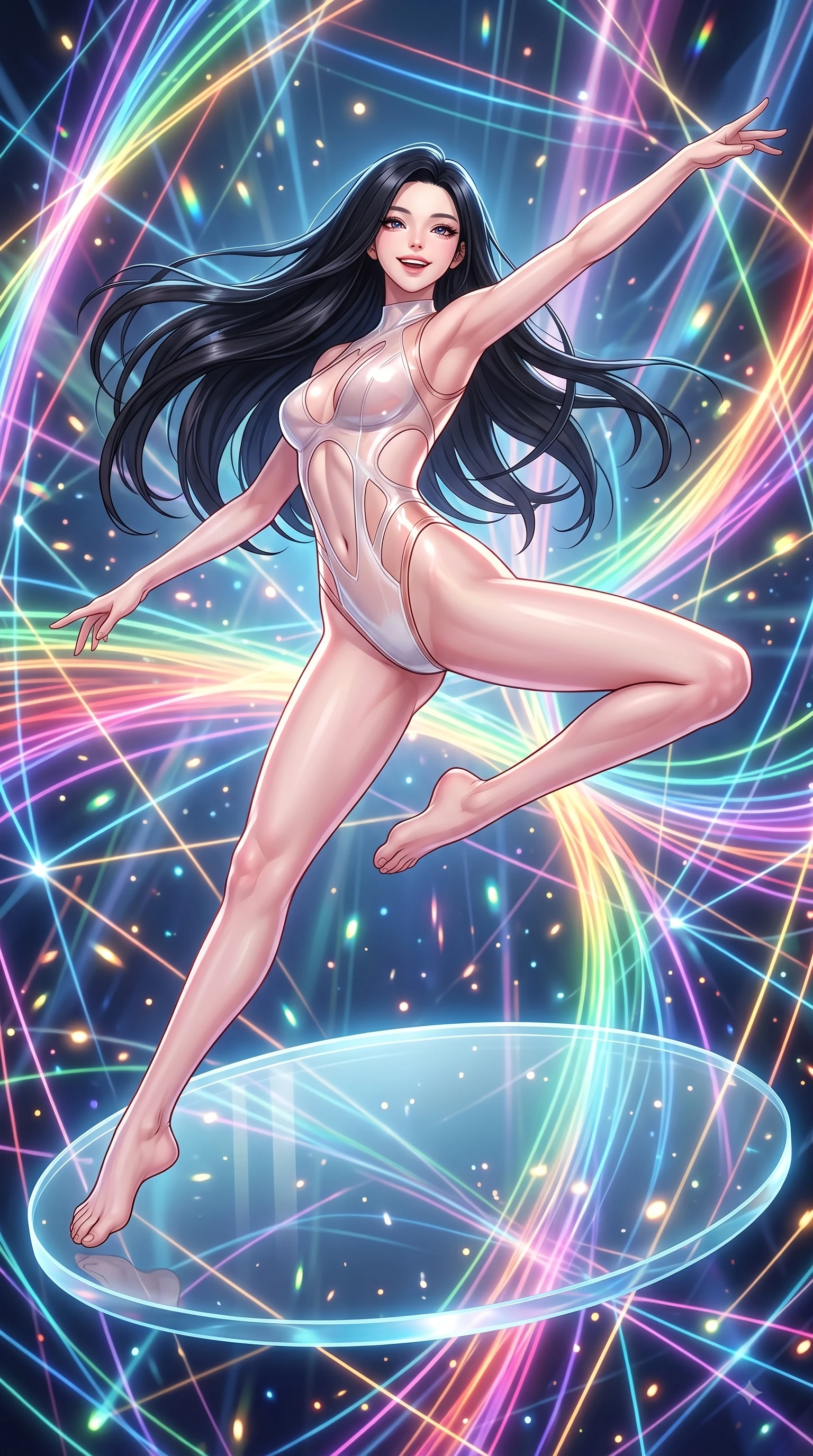 score_9, masterpiece, best quality, ultra-detailed, high-budget anime keyframe, editorial fashion photography, tasteful artistic composition, Korean woman. low angle full-body shot from head to toe showing her feet, filling the entire 9:16 vertical frame with her statuesque presence, stretching her vertical silhouette. leaping with pure joy through mid-air with a radiant bright smile, her impossibly long slender legs stretched in perfect balance while leaping across a floating glass disk inside a geometric light matrix with a beaming face, glowing fiber optic motes drifting like fireflies in the cheerful background. She has an absolutely perfect, statuesque 8.5-heads proportion, an exceptionally tall and slender model-like female figure with impossibly long slender legs and an ultra-slim waist. sharp v-shaped jawline, high-bridge nose, intricate jewel-like eyes with depth, thick eyelashes, glossy lips with a natural sheen, flawlessly proportioned anatomical accuracy, natural body alignment, perfectly sculpted elegant limbs, clean dynamic posture without body distortion. wearing a high-cut translucent vinyl leotard with front paneling and open back in pearl white and rose gold, woven from fine semi-opaque sheer organza, featuring clean architectural cutouts along her slender torso, the sleek second-skin texture accentuating her magnetic presence. illuminated by the brilliant glow of rainbow luminescent plasma threads. highly saturated vibrant anime colors, detailed shading with soft gradients, rich glossy textures, high-contrast stereoscopic depth, volumetric dynamic lighting, master piece, 9:16 ratio