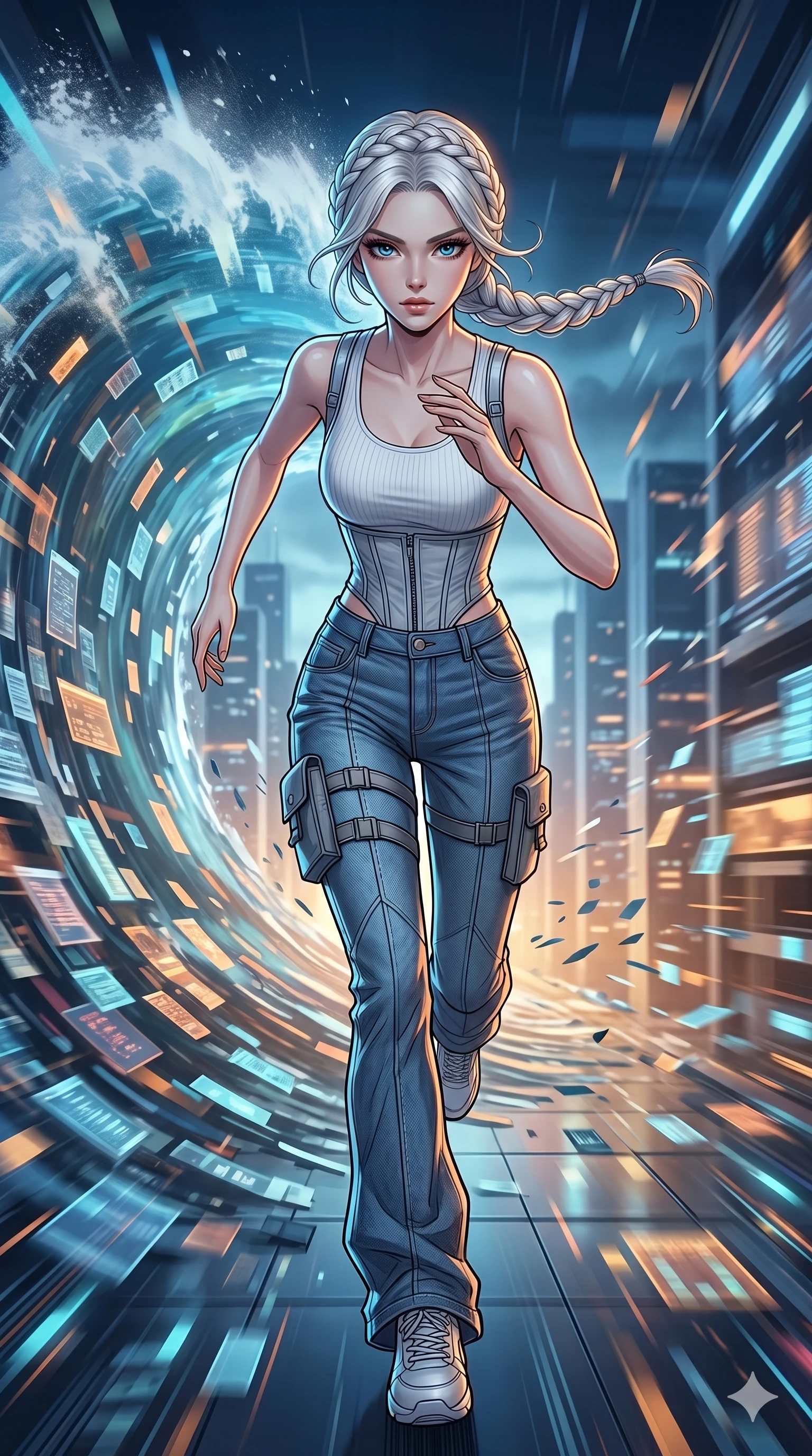 score_9, masterpiece, best quality, ultra-detailed, high-budget anime movie keyframe, cinematic anime lighting, intricate line art, Korean woman. Dynamic full-body shot stretching the vertical silhouette with extreme perspective. sprinting away from a massive tidal wave of data-shards. She has an absolutely perfect 8-heads proportion, an exceptionally tall and slender female figure with graceful and slender proportions. strictly human anatomy, two legs only, no extra limbs, clearly defined legs and arms, perfect anatomy, perfect hands and fingers. sharp v-shaped jawline, high-bridge nose, intricate jewel-like eyes, thick eyelashes, glossy lips. Wearing Urban Trendsetter: Ribbed bodycon dress, crop top with high-waist denim, and elegant corset with cargo pants. The scene is illuminated by dramatic atmospheric lighting and vibrant color palettes. , 2k, ultra detail, master piece, 9:16 ratio