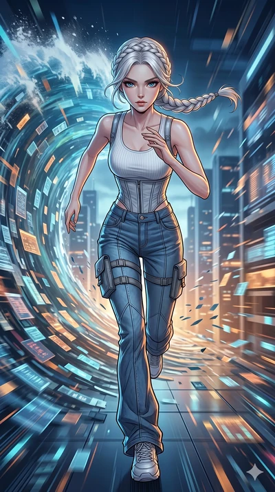 score_9, masterpiece, best quality, ultra-detailed, high-budget anime movie keyframe, cinematic anime lighting, intricate line art, Korean woman. Dynamic full-body shot stretching the vertical silhouette with extreme perspective. sprinting away from 
