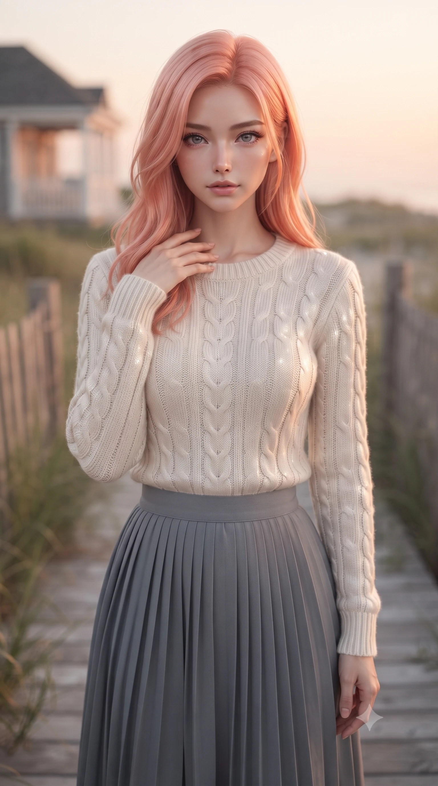 score_9, masterpiece, best quality, ultra-detailed, high-budget anime keyframe, editorial fashion photography, tasteful artistic composition, Japanese woman woman. close-up cowboy shot from the waist and thighs up, the character dominates the composition, filling the frame with her large presence, background elements kept in soft focus. standing with one hand resting on her collarbone, looking at the viewer with bedroom-eyes the background shows a soft-focus a quiet wooden deck of a beachside cottage, surrounded by beachgrass and fences. She has an exceptionally elegant, slender, and willowy female figure with an ultra-slim waist, a gracefully sculpted slender torso, and a refined silhouette. sharp v-shaped jawline, high-bridge nose, intricate jewel-like eyes with depth, thick eyelashes, glossy lips with a natural sheen. wearing a slim-fit cozy cable-knit knit sweater in ivory, paired with a pleated slate grey midi skirt. warm sunset light casting a peaceful, cozy orange wash on her figure. ultra-reflective glossy finish, specular highlights, metallic sheen, high-contrast stereoscopic depth, volumetric dynamic lighting, 2k, ultra detail, master piece, 9:16 ratio
