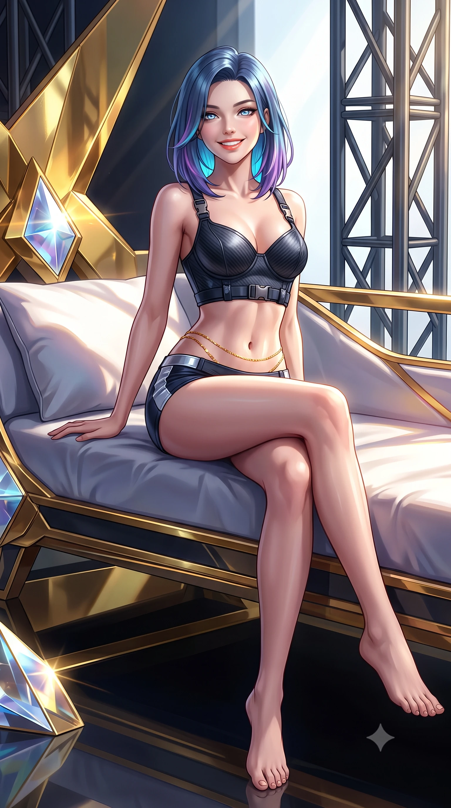 score_9, masterpiece, best quality, ultra-detailed, high-budget anime keyframe, semi-realistic 3D game render, editorial fashion photography, tasteful artistic composition, Caucasian woman. low angle full-body shot from head to toe showing her feet, filling the entire 9:16 vertical frame with her statuesque presence, stretching her vertical silhouette. lounging on the lavish daybed with legs crossed and hips angled toward the camera, displaying her toned midriff and long slender limbs with effortless siren poise while twisting her slender torso in an alluring S-curve, blinding white solar collector beams painting dynamic light ribbons across her flat midriff and hips. The surrounding environment is rendered in vivid detail and crisp panoramic clarity: sharp gold-leaf mirror facets, crystalline optical laser lenses, and heavy structural titanium trusswork in deep focus. She has an exceptionally tall and slender model-like 8.5-heads proportion, an ultra-slim waist, a flat toned midriff, narrow delicate ribcage, and beautifully sculpted feminine hips creating a graceful, slim hourglass silhouette without any bulky heaviness, with impossibly long slender legs. sharp v-shaped jawline, high-bridge nose, intricate jewel-like sparkling eyes with depth, thick eyelashes, glossy parted lips with a natural peach sheen, bright cheerful beaming smile with an enchanting and coquettish sensual glint, exuding both youthful cute charm and seductive allure, flawlessly proportioned anatomical accuracy, strict slender model proportions, natural body alignment, perfectly sculpted long slender limbs, ultra-slim waistline, clean dynamic posture without body distortion. wearing a sculpted carbon-fiber underwire crop corset with tactical buckle straps paired with low-rise micro shorts in tactical carbon navy and polished chrome, made of fluid liquid jersey with seamless sculpting hold and smooth contours, accented with a dainty gold belly chain resting across her flat midriff and curving hips, the bespoke structured tailoring following the natural line of her 8.5-heads silhouette with refined elegance. illuminated by gold mirror reflection bounce and sharp solar-gold rim lights sculpting her jawline, narrow waist, and curvy hips. highly saturated vibrant anime colors, detailed shading with soft gradients, rich glossy textures, high-contrast stereoscopic depth, volumetric dynamic lighting, master piece, 9:16 ratio