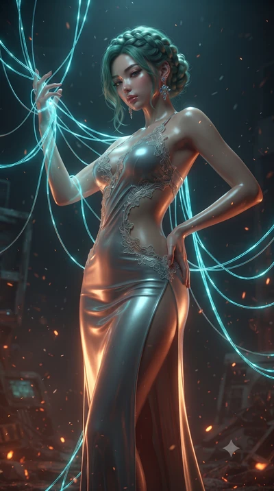 score_9, masterpiece, best quality, ultra-detailed, High-budget Anime Keyframe, editorial fashion photography, tasteful artistic composition, realistic cosplay photography, East Asian woman. Low angle cowboy shot filling the entire 9:16 frame with he