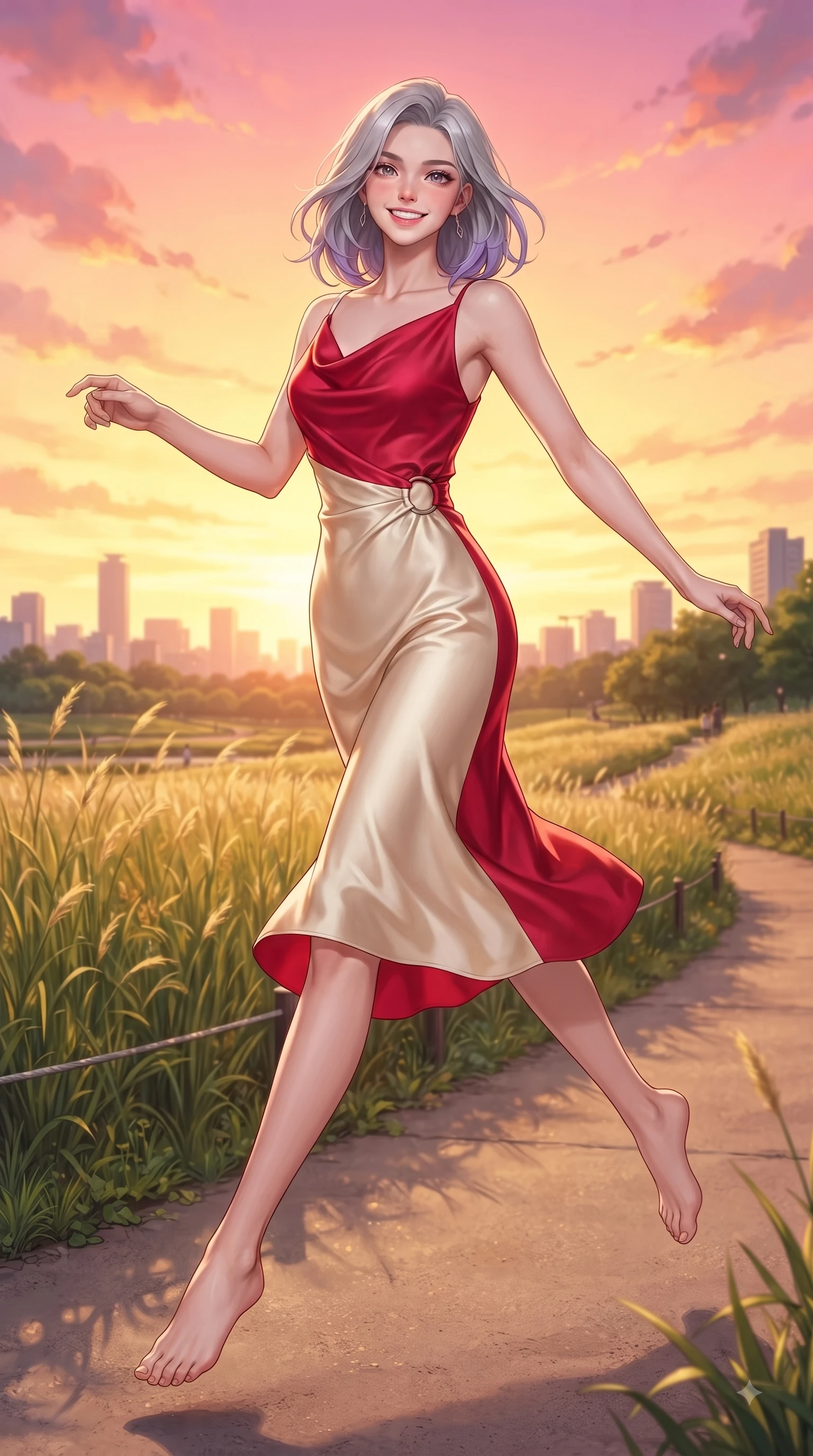 score_9, masterpiece, best quality, ultra-detailed, high-budget anime keyframe, editorial fashion photography, tasteful artistic composition, Caucasian woman. low angle full-body shot from head to toe showing her feet, filling the entire 9:16 vertical frame with her statuesque presence, stretching her vertical silhouette. leaping with pure youthful energy through the scene with a radiant bright smile, her long slender legs balanced gracefully while walking cheerfully along a park pathway bordered by swaying grass as sunset light paints the sky. The surrounding environment is rendered in vivid detail and crisp panoramic clarity. scenic walking paths and distant city skyline silhouettes captured with environmental clarity. She has an absolutely perfect, statuesque 8.5-heads proportion, an exceptionally tall and slender model-like female figure with impossibly long slender legs and an ultra-slim waist. sharp v-shaped jawline, high-bridge nose, intricate jewel-like eyes with depth, thick eyelashes, glossy lips with a natural sheen, flawlessly proportioned anatomical accuracy, natural body alignment, perfectly sculpted elegant limbs, clean dynamic posture without body distortion. wearing an elegant cowl-neck silk satin midi dress with a graceful draped neckline in vivid crimson red and champagne cream, tailored from fine wool crepe with clean lines, accented with subtle metallic ring hardware framing her waist, the form-contouring material highlighting her ultra-slim waist and long lines. illuminated by soft glowing sunset reflections with cheerful golden rim lights. ultra-reflective glossy finish, specular highlights, metallic sheen, high-contrast stereoscopic depth, volumetric dynamic lighting, 2k, ultra detail, master piece, 9:16 ratio
