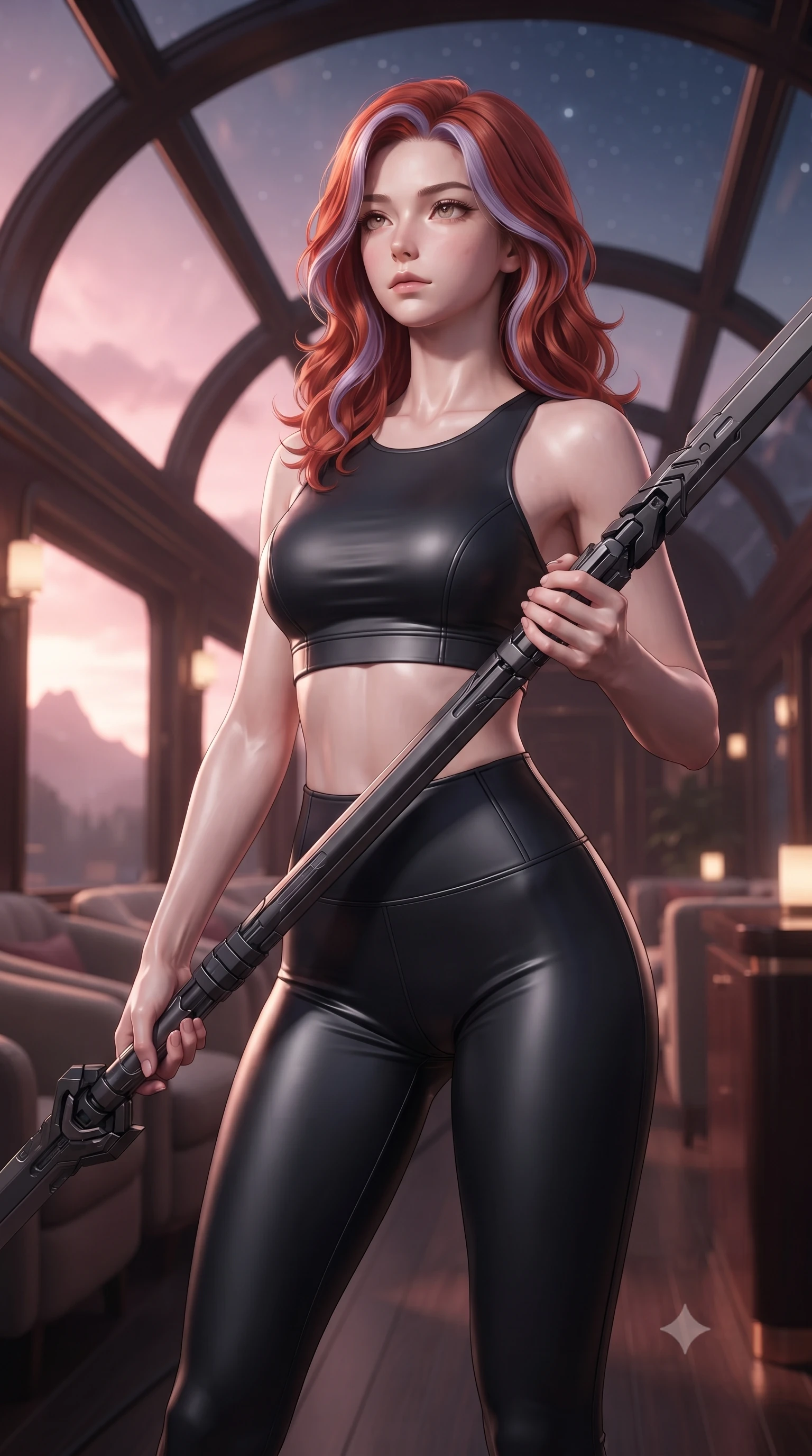 score_9, masterpiece, best quality, ultra-detailed, high-budget anime keyframe, editorial fashion photography, tasteful artistic composition, Caucasian woman. close-up cowboy shot from the waist and thighs up, the character dominates the composition, filling the frame with her large presence, background elements kept in soft focus. holding a deactivated nanotech glaive, looking past the camera with quiet, sharp focus and a composed expression, the background shows a soft-focus a train bar lounge with glass ceilings showing stars and mountain silhouettes. She has an exceptionally elegant, slender, and willowy female figure with an ultra-slim waist, a gracefully sculpted slender torso, and a refined silhouette. sharp v-shaped jawline, high-bridge nose, intricate jewel-like eyes with depth, thick eyelashes, glossy lips with a natural sheen. wearing a tailored form-fitting athletic crop top and matching high-waisted compression leggings in sleek carbon-black tech fabric. soft pink and amber sunset glow painting the cabin in a romantic wash. ultra-reflective glossy finish, specular highlights, metallic sheen, high-contrast stereoscopic depth, volumetric dynamic lighting, 2k, ultra detail, master piece, 9:16 ratio