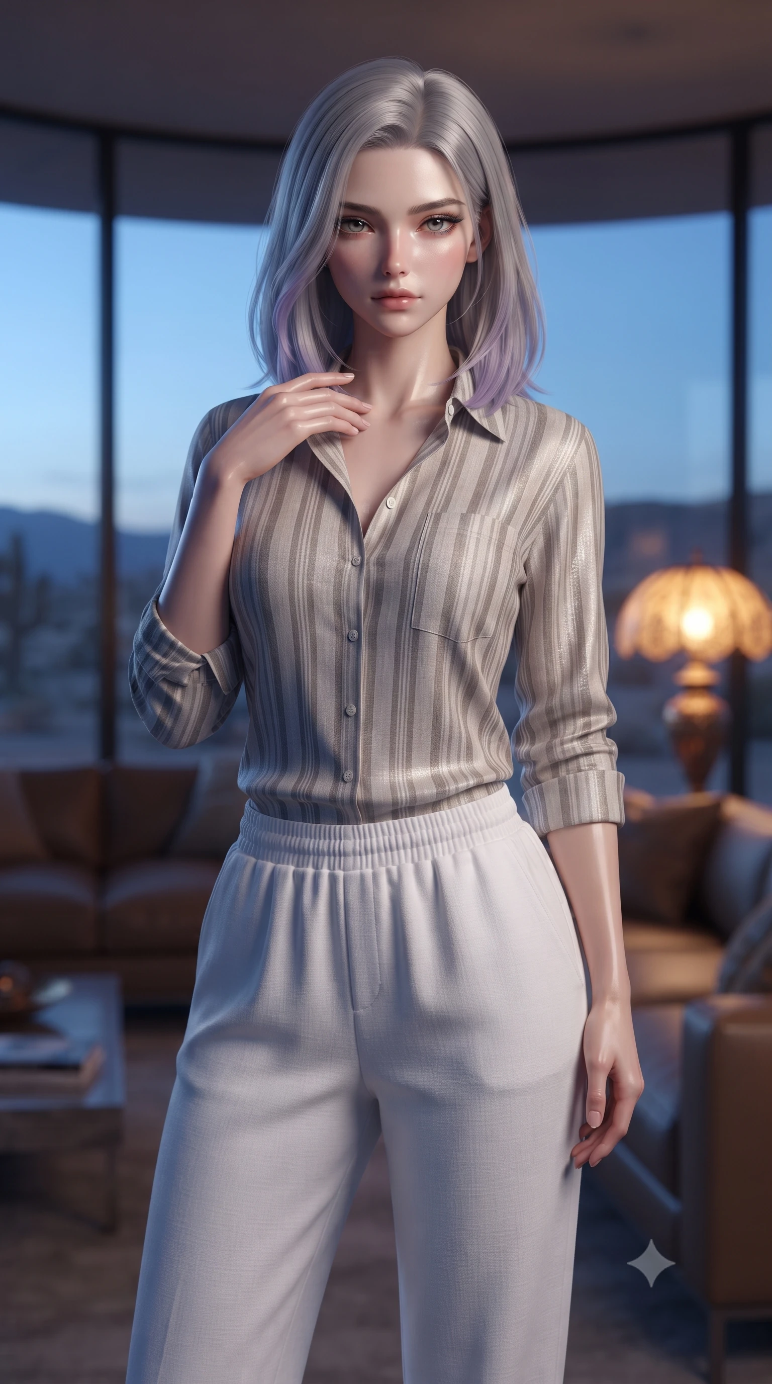 score_9, masterpiece, best quality, ultra-detailed, high-budget anime keyframe, editorial fashion photography, tasteful artistic composition, Caucasian woman. close-up cowboy shot from the waist and thighs up, the character dominates the composition, filling the frame with her large presence, background elements kept in soft focus. standing with one hand resting on her collarbone, looking at the viewer with bedroom-eyes the background shows a soft-focus a modern desert dome lounge with leather sofas and large panoramic windows. She has an exceptionally elegant, slender, and willowy female figure with an ultra-slim waist, a gracefully sculpted slender torso, and a refined silhouette. sharp v-shaped jawline, high-bridge nose, intricate jewel-like eyes with depth, thick eyelashes, glossy lips with a natural sheen. wearing a body-hugging soft striped linen button-down shirt and relaxed-fit white cotton lounge pants. cool blue twilight sky glow contrasting with the warm amber glow of a bedside lamp. ultra-reflective glossy finish, specular highlights, metallic sheen, high-contrast stereoscopic depth, volumetric dynamic lighting, 2k, ultra detail, master piece, 9:16 ratio