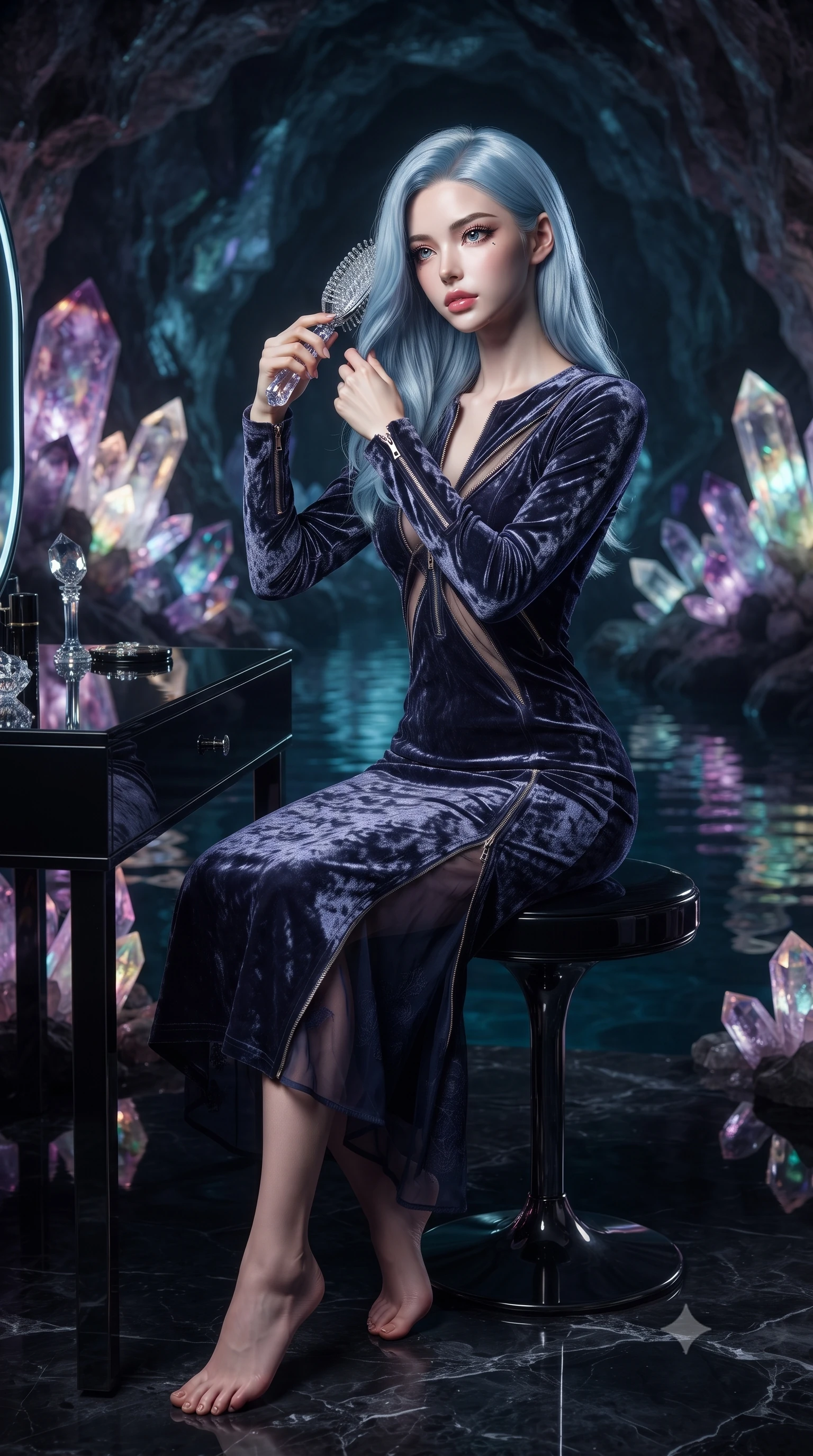score_9, masterpiece, best quality, ultra-detailed, High-budget Anime Keyframe, editorial fashion photography, tasteful artistic composition, realistic cosplay photography, East Asian woman. Dynamic full-body shot stretching the vertical silhouette to the limit. Scenario 260: brushing her hair while seated before a vanity of black glass in an underground cave lined with glowing quartz crystals and deep pools. Her presence is magnetic and overpowering in this high-budget cinematic scene. Outfit 260: a body-hugging crushed dark velvet long with a unzipped detail and translucent layers. The clothing is designed to emphasize her exceptionally tall and slender 8-heads proportion. 8-heads proportion, towering silhouette, ultra-slim waist. sharp v-shaped jawline, intricate jewel-like eyes with depth, thick eyelashes, glossy lips. ultra-reflective glossy finish, specular highlights, metallic sheen, high-contrast stereoscopic depth, volumetric dynamic lighting, 2k, ultra detail, master piece, 9:16 ratio