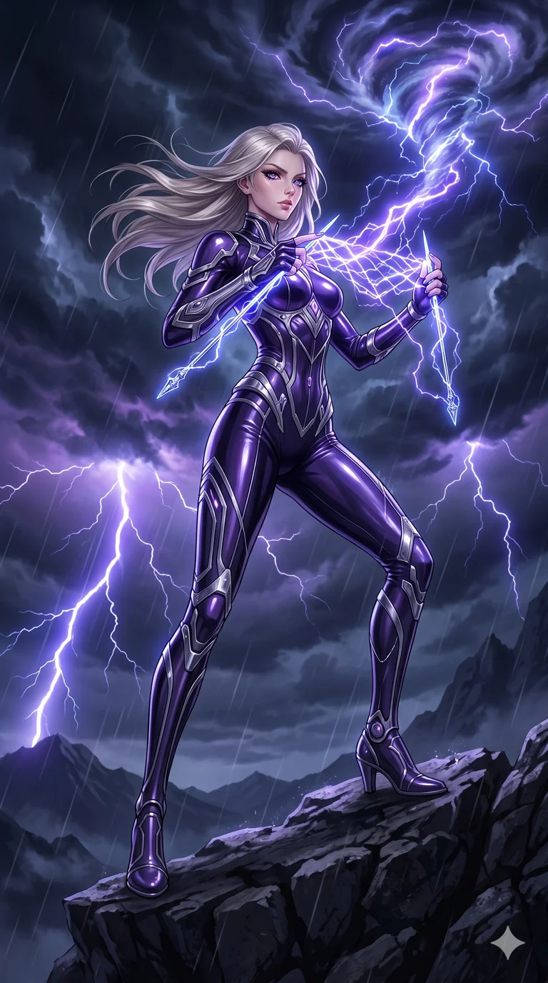 score_9, masterpiece, best quality, ultra-detailed, high-budget anime keyframe, an incredibly beautiful Caucasian woman (strictly human ears). Dynamic low angle cowboy shot filling the entire 9:16 frame with her statuesque presence. She is a lightning weaver knitting a storm with glowing silver needles. She has an absolutely perfect 8-heads proportion, an exceptionally tall and slender build emphasizing a delicate skinny aesthetic. Her face is a highly detailed masterpiece featuring a sharp v-shaped jawline, high-bridge nose, intricate jewel-like eyes, thick eyelashes, and glossy lips. She is wearing a tight-fitting glossy latex suit with silver metallic accents. Dark stormy skies with striking violet lightning flashes, cinematic shadows., 2k, ultra detail, master piece, 9:16 ratio