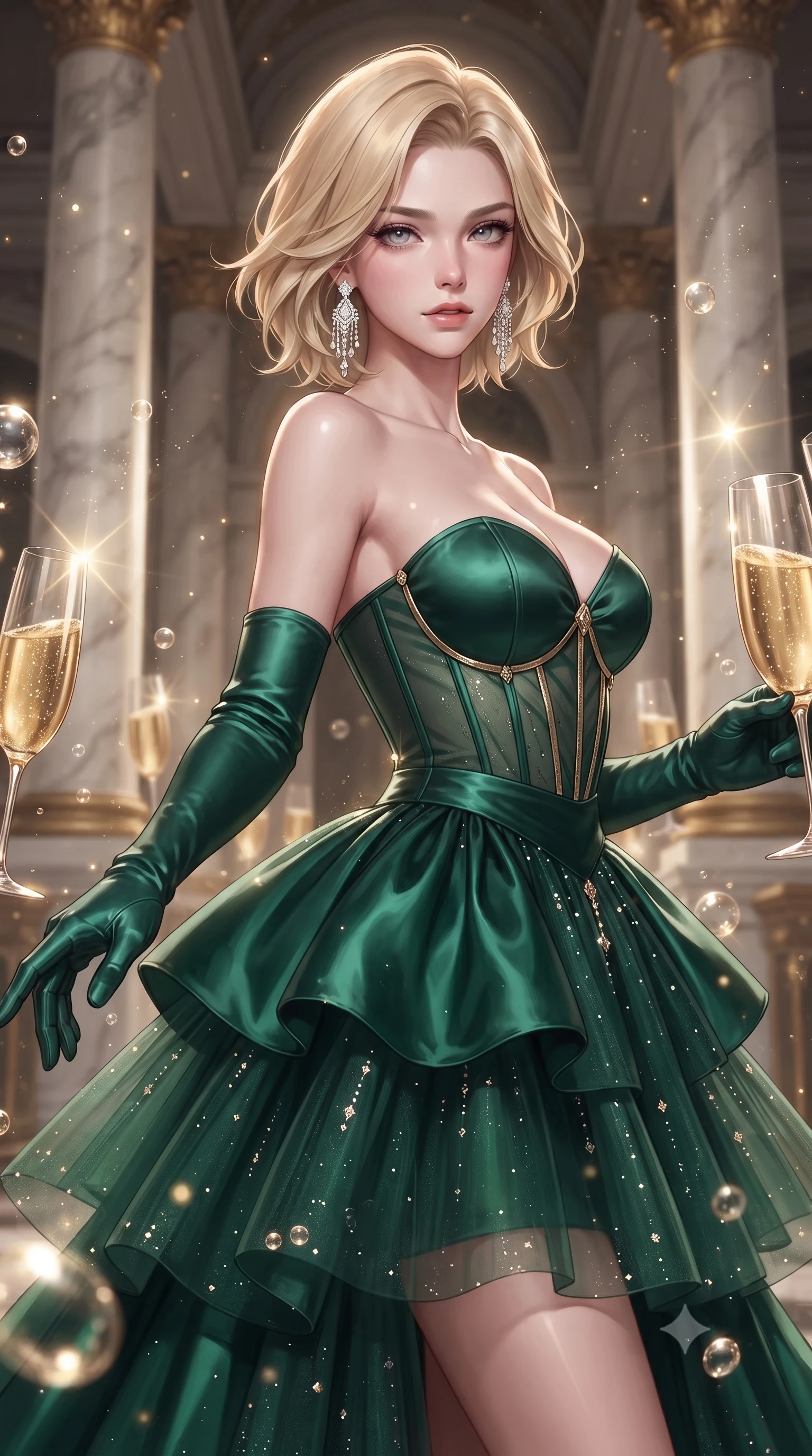 score_9, masterpiece, best quality, ultra-detailed, high-budget anime keyframe, editorial fashion photography, tasteful artistic composition, Caucasian woman. close-up cowboy shot from the waist and thighs up, the character dominates the composition, filling the frame with her large presence. extending one slender arm gracefully toward the foreground while casting an affectionate, mesmerizing glance while pivoting dynamically beside colossal marble columns as golden champagne toasts catch dazzling light highlights. The composition keeps background elements in soft focus with creamy bokeh. sparkling champagne bubbles and gold glitter dust scattering soft luminous light motes. She has an exceptionally elegant, slender, and willowy female figure with an ultra-slim waist, a gracefully sculpted slender torso, toned flat midriff, and a refined slim silhouette. sharp v-shaped jawline, high-bridge nose, intricate jewel-like eyes with depth, thick eyelashes, glossy lips with a natural sheen, captivating and magnetic expression, flawlessly proportioned anatomical accuracy, strict slender model proportions, natural body alignment, perfectly sculpted long slender limbs, ultra-slim waistline, clean dynamic posture without body distortion. wearing a tiered crystal-embellished tulle ballgown with an exposed clavicle neckline and sweetheart bustier in deep emerald green satin and gold hardware, tailored from fluid silk crepe with delicate inner corsetry boning, complemented by opera-length satin gloves and sparkling chandelier earrings, the liquid-tight tailored fabric emphasizing every curve of her tall, slender model proportions and sculptured silhouette during dynamic movement. surrounded by a glamorous, exclusive, and breathtakingly captivating billionaire heiress aura. ultra-reflective glossy finish, specular highlights, rich textural contrasts, high-contrast stereoscopic depth, volumetric dynamic lighting, 2k, ultra detail, master piece, 9:16 ratio