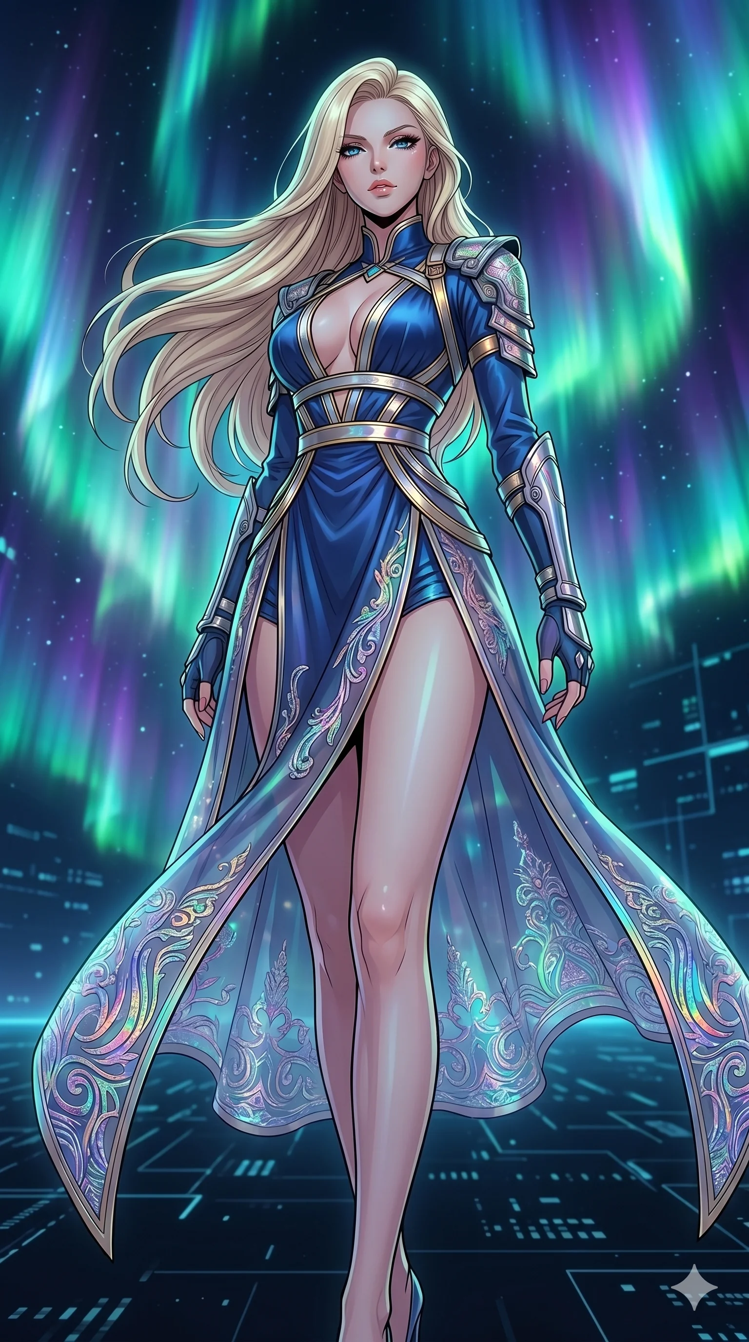 score_9, masterpiece, best quality, ultra-detailed, high-budget anime movie keyframe, cinematic anime lighting, intricate line art, Caucasian (strictly human ears) woman. Low angle cowboy shot filling the entire 9:16 frame with her statuesque presence. standing victoriously in a minimalist digital void amidst aurora borealis. She has an absolutely perfect 8-heads proportion, an exceptionally tall and slender female figure with an ultra-slim waist and impossibly long slender legs. sharp v-shaped jawline, high-bridge nose, intricate jewel-like eyes, thick eyelashes, glossy lips. Wearing modernized deep-plunging silk hanbok-fusion with metallic straps, a high-slit sheer skirt over micro-shorts, and holographic embroidered patterns. The scene is illuminated by dramatic atmospheric lighting and vibrant color palettes. , 2k, ultra detail, master piece, 9:16 ratio