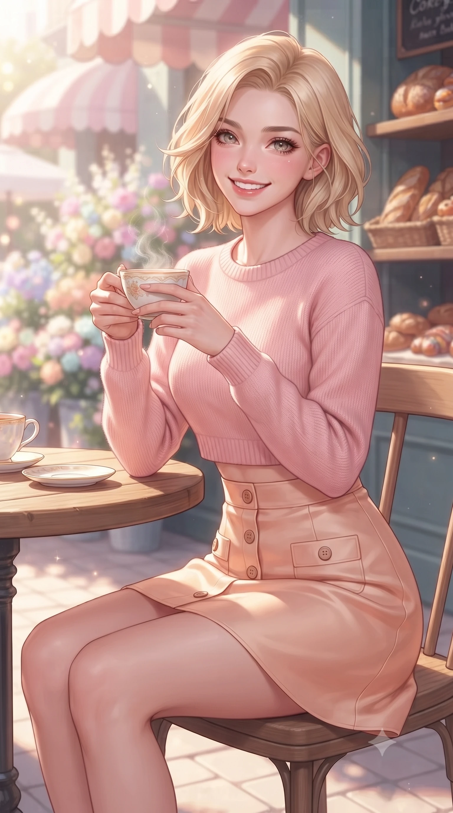 score_9, masterpiece, best quality, ultra-detailed, high-budget anime keyframe, editorial fashion photography, tasteful artistic composition, Caucasian woman. close-up cowboy shot from the waist and thighs up, the character dominates the composition, filling the frame with her large presence. Cheerful beaming smile with sparkling eyes and a fresh girlhood aura, leaning forward with playful grace while sitting gracefully at a sunlit wooden terrace table of a cozy bakery with a steaming cup of tea. The composition keeps background elements in soft focus with dreamy bokeh. pastel flower displays and vintage bakery awnings shimmering softly in creamy background bokeh. She has an exceptionally elegant, slender, and willowy female figure with an ultra-slim waist, a gracefully sculpted slender torso, and a refined silhouette. sharp v-shaped jawline, high-bridge nose, intricate jewel-like eyes with depth, thick eyelashes, glossy lips with a natural sheen, flawlessly proportioned anatomical accuracy, natural body alignment, perfectly sculpted elegant limbs, clean dynamic posture without body distortion. wearing a sweet baby-pink cropped knit sweater with a high-waisted denim A-line skirt in peach blossom pink and warm oatmeal, crafted from smooth fluid silk satin, finished with neat front wooden buttons and pocket details, the chic real-way fashion cut emphasizing her effortless charm. bathed in brilliant morning sunshine and warm pastel flower shop ambient glow. ultra-reflective glossy finish, specular highlights, metallic sheen, high-contrast stereoscopic depth, volumetric dynamic lighting, 2k, ultra detail, master piece, 9:16 ratio
