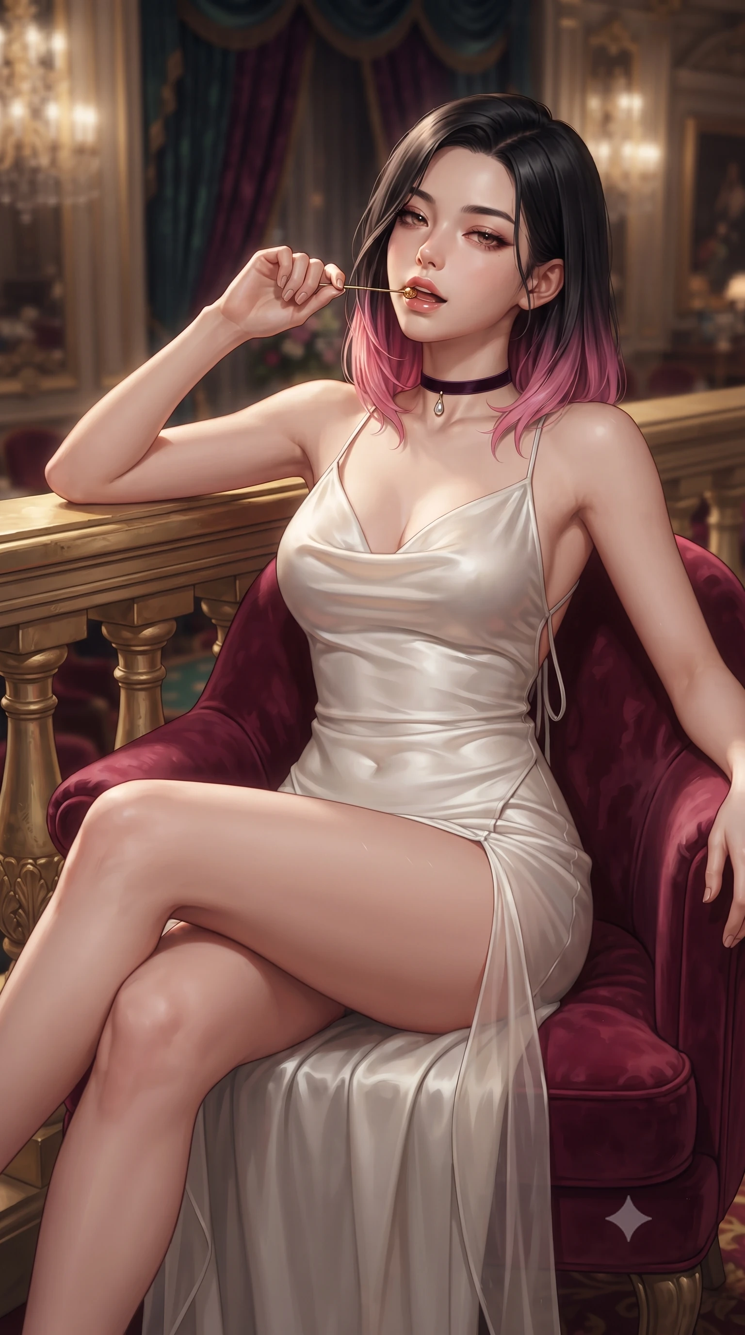 score_9, masterpiece, best quality, ultra-detailed, high-budget anime keyframe, editorial fashion photography, tasteful artistic composition, Korean woman. close-up cowboy shot from the waist and thighs up, the character dominates the composition, filling the frame with her large presence. leaning back against the balustrade with relaxed seductive grace, head tilted back slightly while casting a hypnotic, heavy-lidded gaze while lounging in the deep velvet club armchair with legs crossed, holding a golden cocktail pick near her glossy parted lips. The background shows a soft-focus heavy velvet salon portières softened in historic Riviera gambling salon shallow focus. She has an exceptionally elegant, slender, and willowy female figure with an ultra-slim waist, flat toned midriff, narrow ribcage, and sculpted feminine hips creating an alluring, slim hourglass silhouette without bulk. sharp v-shaped jawline, high-bridge nose, sparkling eyes with hypnotic seductive depth, thick curled eyelashes, glossy parted lips with a natural dewy peach sheen, alluring bedroom-eyes with an enchanting coquettish smile, exuding magnetic siren charisma and sophisticated glamour, flawlessly proportioned anatomical accuracy, strict slender model proportions, natural body alignment, perfectly sculpted long slender limbs, ultra-slim waistline, clean dynamic posture without body distortion. wearing a plunging cowl-neck liquid silk satin slip gown with daring hip-high double slits and delicate back ties in pure pearl alabaster with platinum sheen, made of sheer gossamer chiffon that drapes softly against skin with airy translucence, finished with a thin velvet ribbon choker and a single teardrop diamond pendant, the glove-like clinging cut tightly following the natural contour of her hips and long slender legs with youthful 8.5-heads elegance. illuminated by chandelier reflections and sharp warm-amber rim lights defining her delicate clavicles, ultra-slim waist, and curvy hips. ultra-reflective glossy finish, specular highlights, rich textural contrasts, high-contrast stereoscopic depth, volumetric dynamic lighting, 2k, ultra detail, master piece, 9:16 ratio