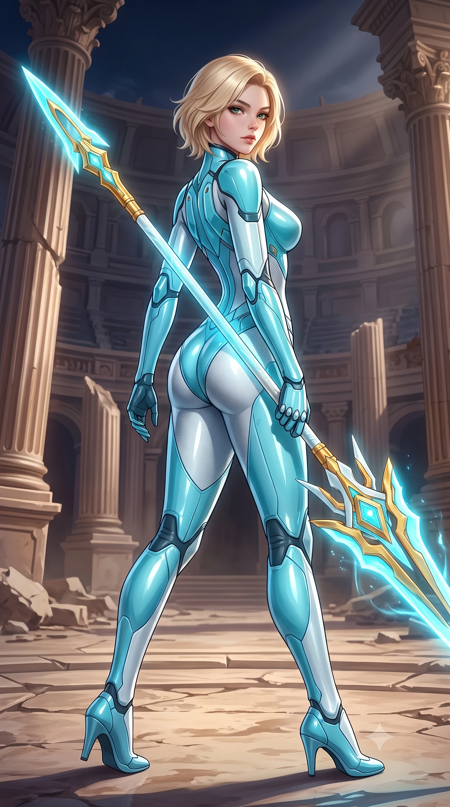 score_9, masterpiece, best quality, ultra-detailed, high-budget anime keyframe, semi-realistic 3D game render, editorial fashion photography, tasteful artistic composition, Caucasian woman. close-up cowboy shot from the waist and thighs up, the character dominates the composition, filling the frame with her large presence. stretching forward with an alluring arch of her spine, glancing over her shoulder with divine self-assurance and magnetic intensity while striding forward across the ruined arena floor with greatsword held in one hand with effortless supermodel strength. The surrounding environment is rendered in vivid detail and crisp panoramic clarity. dramatic warrior chiaroscuro and monumental ruined arena architecture rendered in panoramic precision. She has an exceptionally elegant, slender, and willowy female figure with an ultra-slim waist, a gracefully sculpted slender torso, toned flat midriff, and a refined slim silhouette. sharp v-shaped jawline, high-bridge nose, intricate jewel-like eyes with depth, thick eyelashes, glossy lips with a natural sheen, flawlessly proportioned anatomical accuracy, strict slender model proportions, natural body alignment, perfectly sculpted long slender limbs, ultra-slim waistline, clean dynamic posture without body distortion. wearing an ultra-sleek glacial-cyan and white carbon-mesh combat bodysuit with frost-resistant plating, holding a glowing high-frequency cryo-energy spear with commanding poise in arctic white carbon composite with radiant solar gold plating, formed from high-gloss patent carbon-plating with specular chiaroscuro reflections, finished with high-mobility articulation joints and miniature magnetic armor locks, the glove-like aerodynamic second-skin fit tightly clinging to her ultra-slender waist and athletic curves without adding bulk, accentuating her razor-sharp statuesque lines and slim hourglass silhouette. surrounded by an invincible, royal, and fiercely captivating cyber-gladiator empress aura. rich saturated anime colors with glowing neon highlights, detailed shading with soft gradients, rich glossy textures, high-contrast stereoscopic depth, volumetric dynamic lighting, master piece, 9:16 ratio