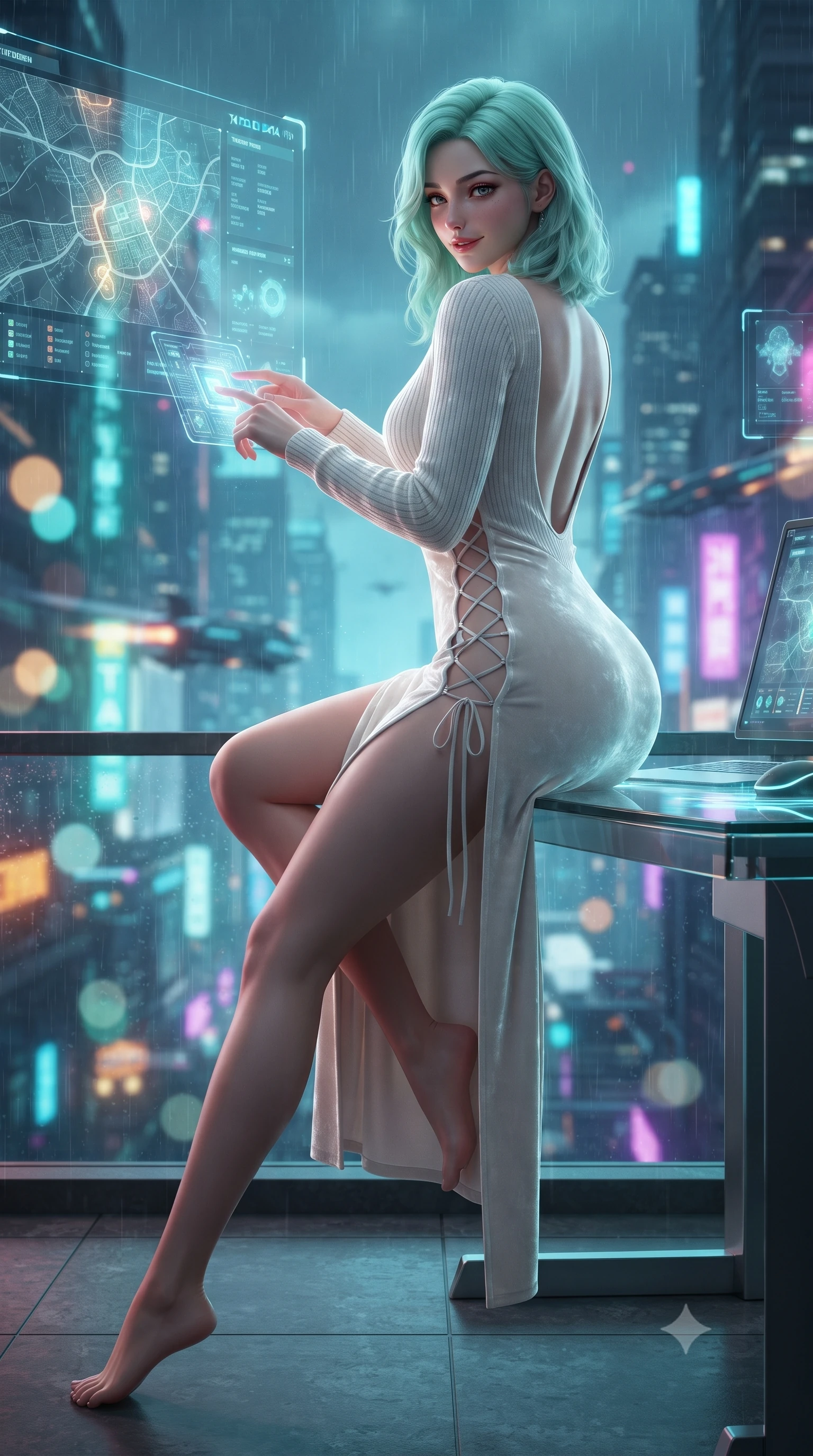 score_9, masterpiece, best quality, ultra-detailed, high-budget anime keyframe, editorial fashion photography, tasteful artistic composition, Japanese woman. low angle full-body shot from head to toe showing her feet, filling the entire 9:16 vertical frame with her statuesque presence, stretching her vertical silhouette. walking along the terrace with poise, looking back over her bare shoulder with an irresistible smoldering bedroom-gaze while perched sideways on the glass desk with one leg extended, toying with a holographic interface chip with smoldering bedroom-eyes. The background shows a soft-focus translucent holographic tactical data maps, endless rainy neon skyscrapers, and flying transport trails blurred into cyan, amber, and violet bokeh. She has an absolutely perfect, statuesque 8.5-heads proportion, an exceptionally tall and slender model-like female figure with impossibly long slender legs, an ultra-slim waist, a flat toned midriff, narrow delicate ribcage, and beautifully sculpted feminine hips creating a graceful, slim hourglass silhouette without any bulky heaviness. sharp v-shaped jawline, high-bridge nose, sparkling eyes with hypnotic seductive depth, thick curled eyelashes, glossy parted lips with a natural dewy peach sheen, alluring bedroom-eyes with an enchanting coquettish smile, exuding magnetic siren charisma and sophisticated glamour, flawlessly proportioned anatomical accuracy, strict slender model proportions, natural body alignment, perfectly sculpted long slender limbs, ultra-slim waistline, clean dynamic posture without body distortion. wearing a plunging V-neck rib-knit sweater dress with an open-back scoop and daring side leg slit in pure pearl alabaster with platinum sheen, tailored from ultra-plush velvet with rich tactile depth and deep shadow gradients, featuring fine criss-cross lace-up side ties revealing tantalizing glimpses of her hip curve, the second-skin tailored fabric adhering flawlessly to her sculpted flat midriff and slender torso, emphasizing her long leg lines and perfectly proportioned willowy build. bathed in moody chiaroscuro lighting spilling from glowing holographic displays and exterior city neon. ultra-reflective glossy finish, specular highlights, rich textural contrasts, high-contrast stereoscopic depth, volumetric dynamic lighting, 2k, ultra detail, master piece, 9:16 ratio
