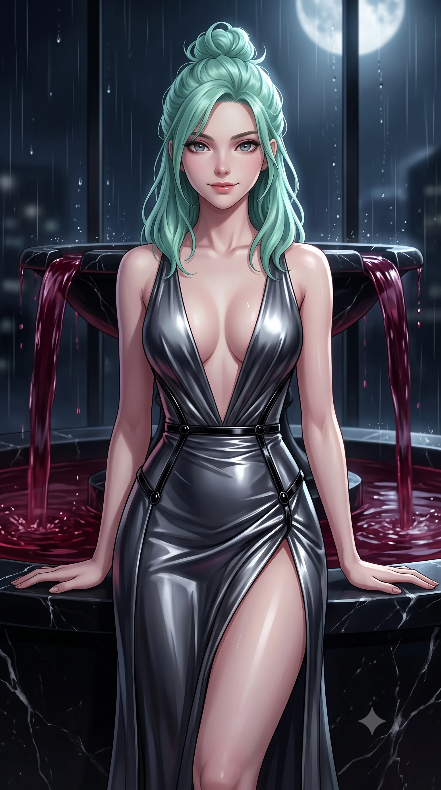 score_9, masterpiece, best quality, ultra-detailed, high-budget anime keyframe, editorial fashion photography, tasteful artistic composition, Japanese woman. close-up cowboy shot from the waist and thighs up, the character dominates the composition, filling the frame with her large presence, background elements kept in soft focus. Smiling with quiet, magnetic self-assurance directly into the camera, resting against a black marble fountain flowing with dark ruby-colored water, rain droplets streaming down dark glass panes glinting under silver moon rays. She has an exceptionally elegant, slender, and willowy female figure with an ultra-slim waist, a gracefully sculpted slender torso, and a refined silhouette. sharp v-shaped jawline, high-bridge nose, intricate jewel-like eyes with depth, thick eyelashes, glossy lips with a natural sheen. wearing deep plunging V-neckline midnight gown with daring high thigh slit in metallic dark silver, made of sculpted obsidian metallic chrome, adorned with minimalist black onyx hardware framing the silhouette, following her slender form with tailored precision. surrounded by dramatic chiaroscuro with sharp edge highlights on silk. highly saturated vibrant anime colors, detailed shading with soft gradients, rich glossy textures, high-contrast stereoscopic depth, volumetric dynamic lighting, master piece, 9:16 ratio