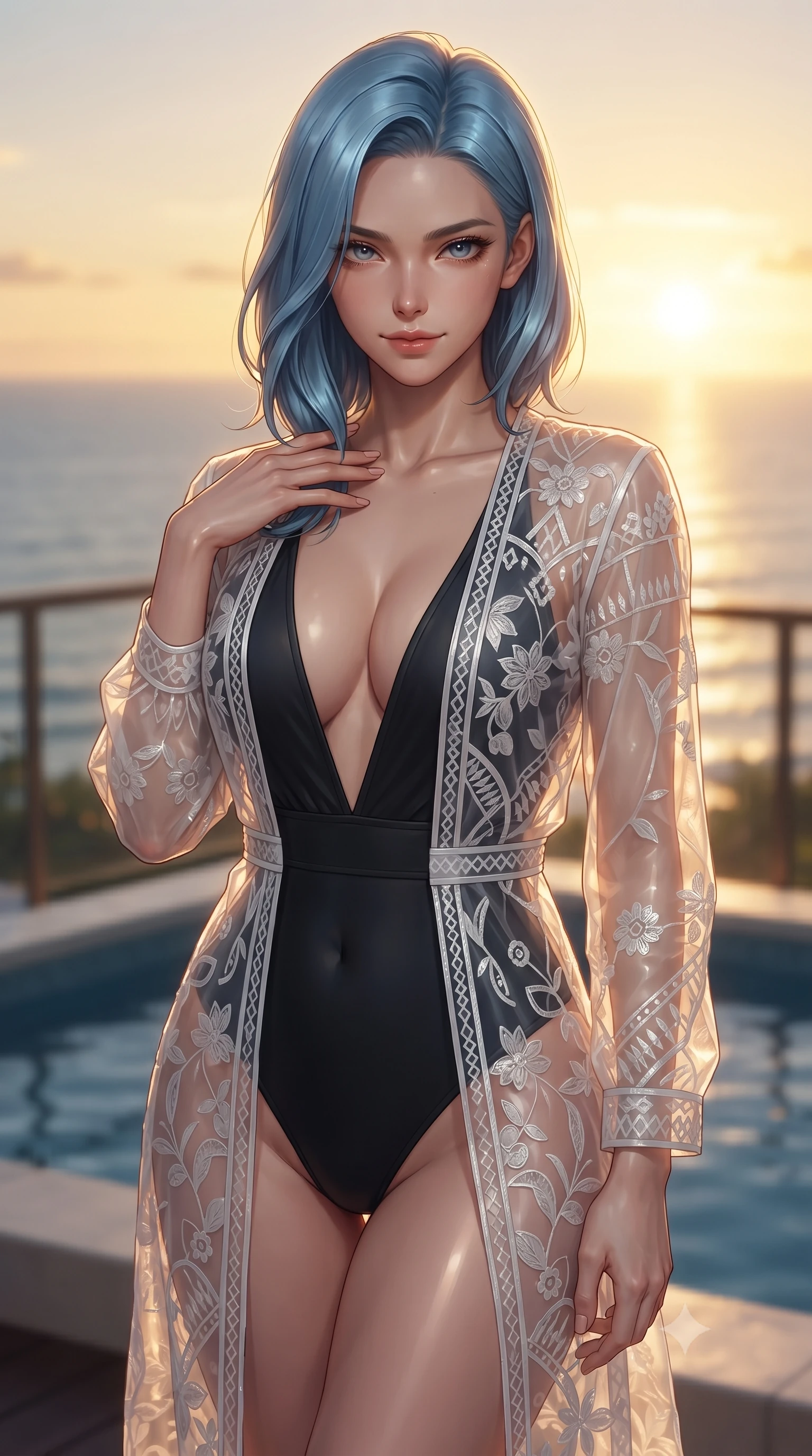 score_9, masterpiece, best quality, ultra-detailed, high-budget anime keyframe, editorial fashion photography, tasteful artistic composition, Korean woman woman. close-up cowboy shot from the waist and thighs up, the character dominates the composition, filling the frame with her large presence, background elements kept in soft focus. standing with one hand resting on her collarbone, looking at the viewer with bedroom-eyes the background shows a soft-focus a private splash pool on the balcony of a beach villa, looking at ocean horizon. She has an exceptionally elegant, slender, and willowy female figure with an ultra-slim waist, a gracefully sculpted slender torso, and a refined silhouette. sharp v-shaped jawline, high-bridge nose, intricate jewel-like eyes with depth, thick eyelashes, glossy lips with a natural sheen. wearing a slim-fit sheer white organza resort cover-up worn over a form-fitting one-piece swimsuit, showing her elegant clavicle lines. brilliant golden hour sunset tracing her silhouette with a soft glowing rim light. ultra-reflective glossy finish, specular highlights, metallic sheen, high-contrast stereoscopic depth, volumetric dynamic lighting, 2k, ultra detail, master piece, 9:16 ratio