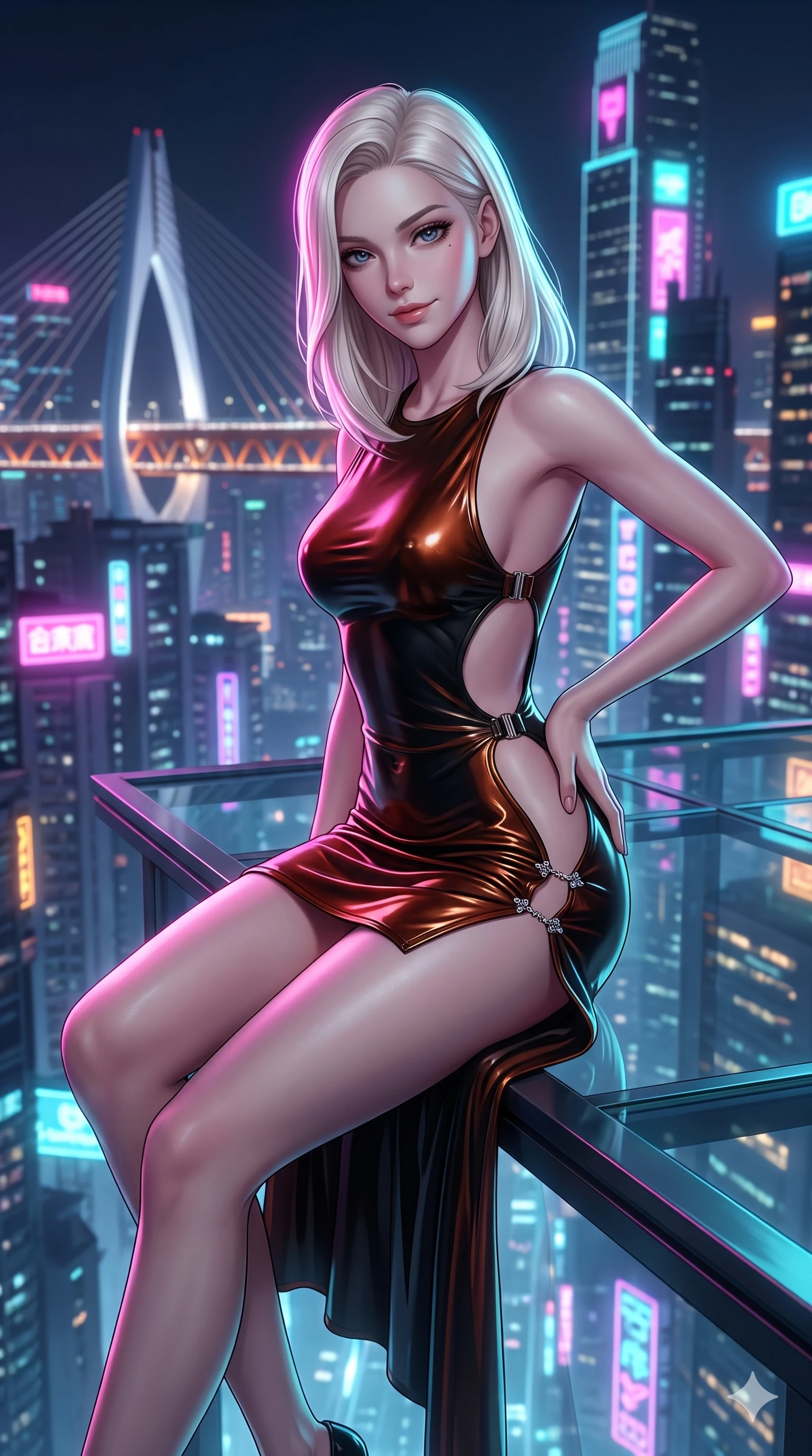 score_9, masterpiece, best quality, ultra-detailed, high-budget anime keyframe, semi-realistic 3D game render, editorial fashion photography, tasteful artistic composition, Caucasian woman. close-up cowboy shot from the waist and thighs up, the character dominates the composition, filling the frame with her large presence. tilting her head with a teasing half-smile, running one hand slowly down the side of her hip in a flirtatious S-curve as ambient neon caresses her silhouette while sitting gracefully on the glass edge platform with one knee bent, arching her spine with supermodel elegance against the endless neon expanse. The surrounding environment is rendered in vivid detail and crisp panoramic clarity: detailed form-fitting liquid mercury dress tailoring, metallic clasp accents, and modern high-altitude architecture in razor-sharp precision. She has an exceptionally elegant, slender, and willowy female figure with an ultra-slim waist, flat toned midriff, narrow ribcage, and sculpted feminine hips creating an alluring, slim hourglass silhouette without bulk. sharp v-shaped jawline, high-bridge nose, intricate jewel-like dark sparkling eyes with dangerous depth, thick curled eyelashes, glossy parted lips with a rich wine sheen, smoldering seductive half-smile with bedroom-eyes, exuding effortless superiority and intoxicating dark allure, flawlessly proportioned anatomical accuracy, strict slender model proportions, natural body alignment, perfectly sculpted long slender limbs, ultra-slim waistline, clean dynamic posture without body distortion. wearing a liquid-look wet vinyl micro-mini dress clinging like a second skin with hip-high side cutouts in dark burnt copper and matte black, tailored from heavy double-faced silk georgette with an exceptionally fluid drape, finished with an ultra-high side slit secured by miniature jeweled clasps, the impeccably tailored cut draping gracefully along her slender figure with aristocratic noir poise. illuminated by glass floor upward bounce and sharp magenta-cyan rim lights sculpting her razor-sharp jawline, narrow waist, and curvy hips. highly saturated vibrant anime colors, detailed shading with soft gradients, rich glossy textures, high-contrast stereoscopic depth, volumetric dynamic lighting, master piece, 9:16 ratio