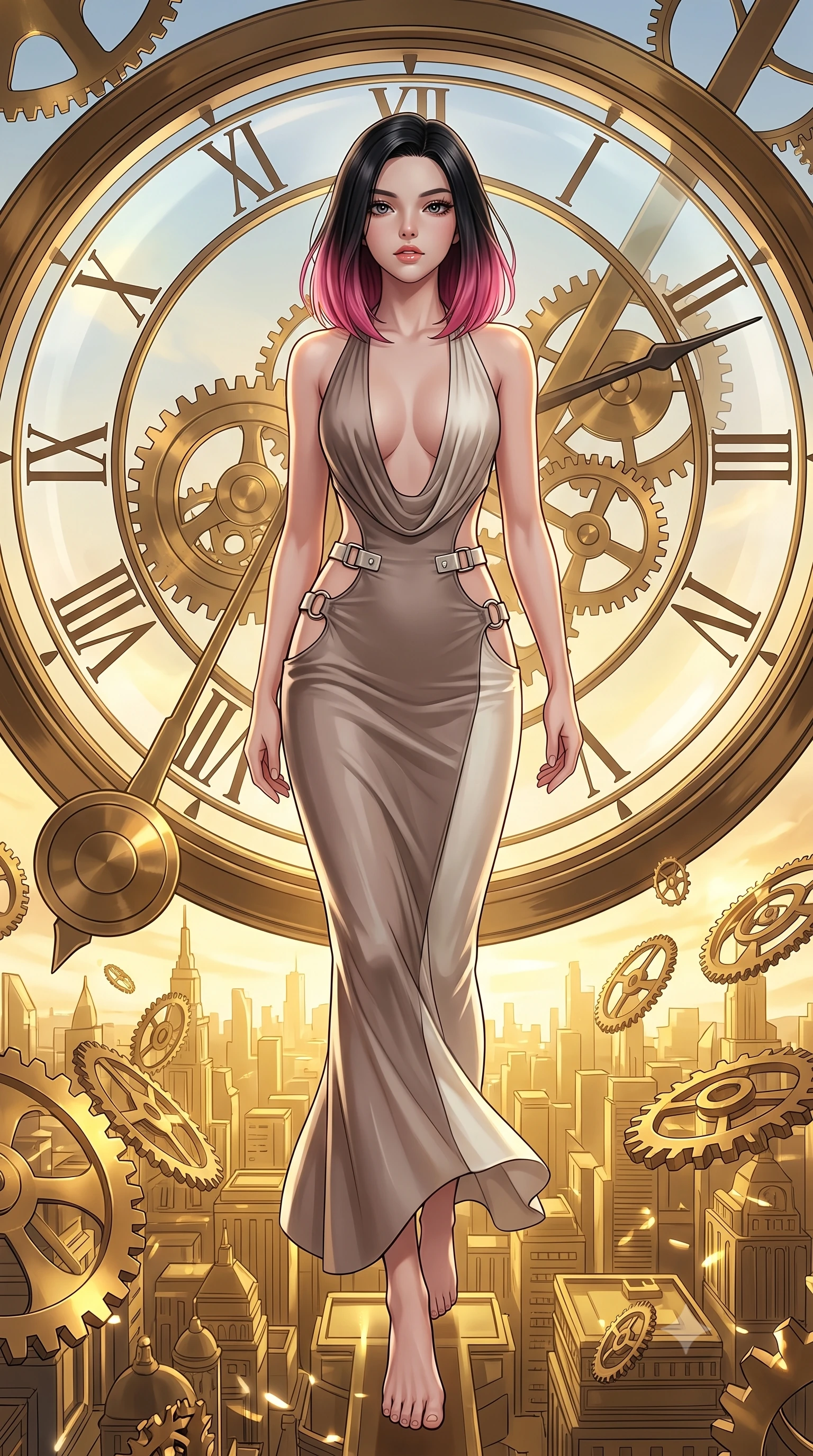score_9, masterpiece, best quality, ultra-detailed, high-budget anime keyframe, editorial fashion photography, tasteful artistic composition, Korean woman. low angle full-body shot from head to toe showing her feet, filling the entire 9:16 vertical frame with her statuesque presence, stretching her vertical silhouette. stepping forward in a proud dynamic stride, her vertical silhouette filling the frame with statuesque presence while leaping through the arc of a massive mechanical clock pendulum swinging over a golden city, floating brass gears and clocksprings casting intricate metallic reflections. She has an absolutely perfect, statuesque 8.5-heads proportion, an exceptionally tall and slender model-like female figure with impossibly long slender legs and an ultra-slim waist. sharp v-shaped jawline, high-bridge nose, intricate jewel-like eyes with depth, thick eyelashes, glossy lips with a natural sheen, flawlessly proportioned anatomical accuracy, natural body alignment, perfectly sculpted elegant limbs, clean dynamic posture without body distortion. wearing a deep-scoop halter bodycon dress with hip cutouts connected by silver rings in muted taupe and soft ivory, crafted from smooth liquid silk, detailed with polished silver buckles along the waistline, the form-contouring material highlighting her ultra-slim waist and long lines. illuminated by a brilliant golden hour glow filtering through clockwork dials. highly saturated vibrant anime colors, detailed shading with soft gradients, rich glossy textures, high-contrast stereoscopic depth, volumetric dynamic lighting, master piece, 9:16 ratio