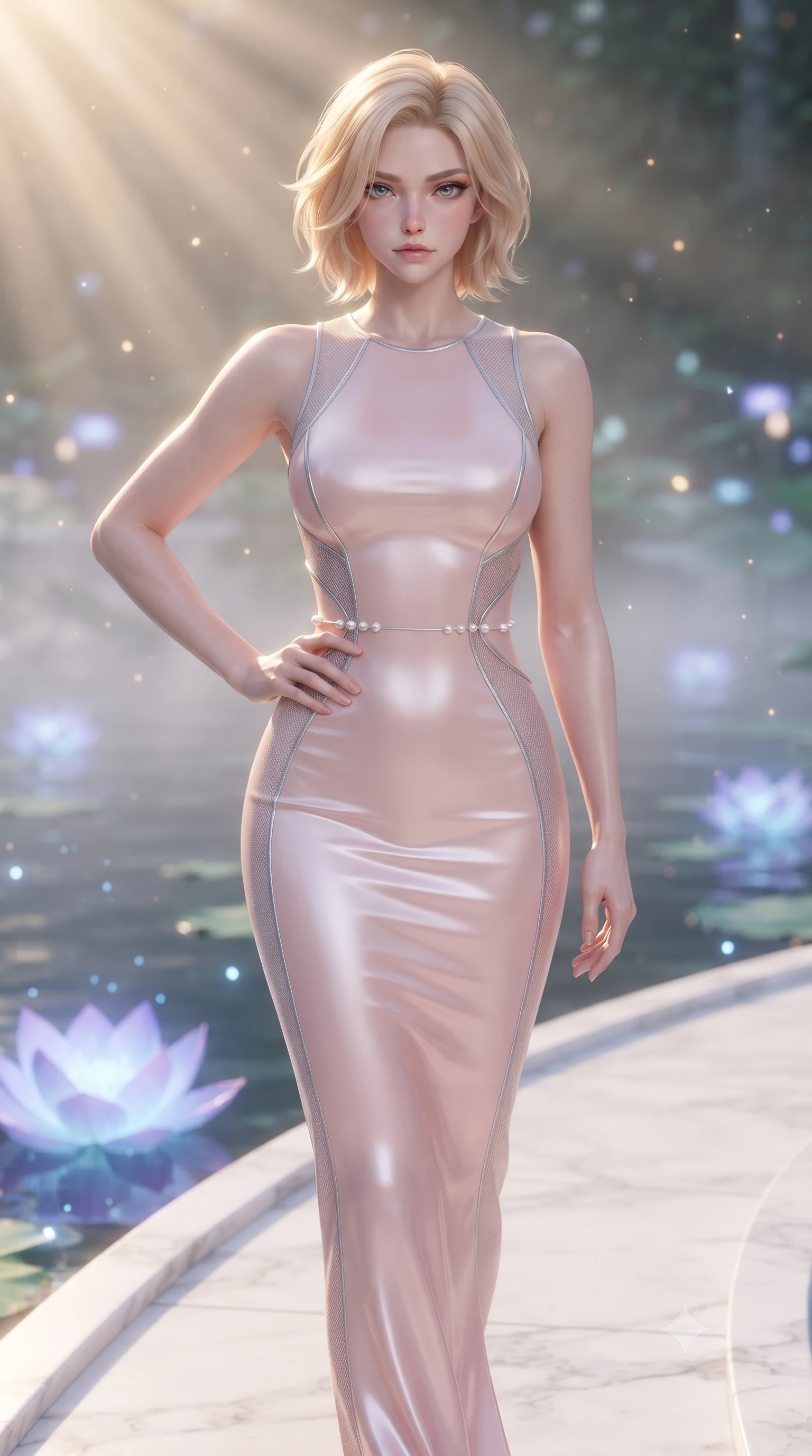 score_9, masterpiece, best quality, ultra-detailed, high-budget anime keyframe, editorial fashion photography, tasteful artistic composition, Caucasian woman. close-up cowboy shot from the waist and thighs up, the character dominates the composition, filling the frame with her large presence, background elements kept in soft focus. Holding a confident power pose with one hand on her hip, walking across a floating white marble bridge surrounded by bioluminescent lotus petals, glowing pollen dust drifting gently through the serene atmosphere. She has an exceptionally elegant, slender, and willowy female figure with an ultra-slim waist, a gracefully sculpted slender torso, and a refined silhouette. sharp v-shaped jawline, high-bridge nose, intricate jewel-like eyes with depth, thick eyelashes, glossy lips with a natural sheen. wearing fitted opal-glazed silk maxi dress hugging every curve in soft blush pink, made of fine silver contouring mesh, adorned with minimalist pearl hardware framing the waistline, following her slender form with tailored precision. lit by clear golden-hour rays cascading through water garden mist. ultra-reflective glossy finish, specular highlights, metallic sheen, high-contrast stereoscopic depth, volumetric dynamic lighting, 2k, ultra detail, master piece, 9:16 ratio
