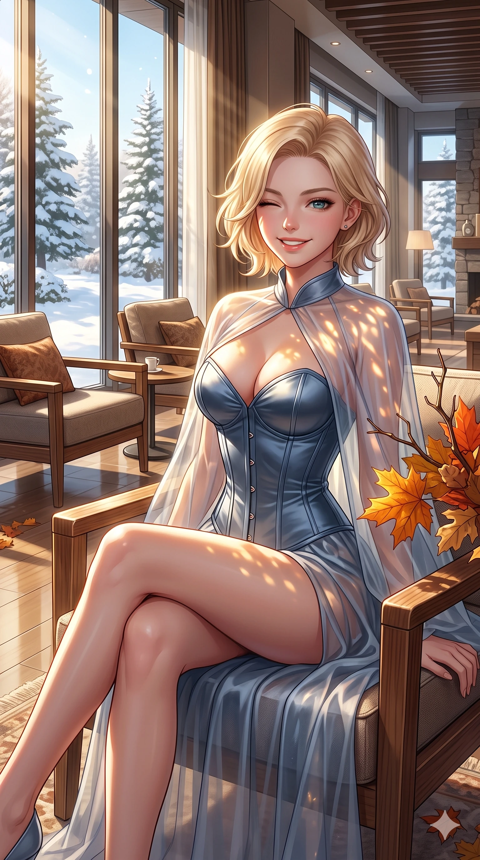 score_9, masterpiece, best quality, ultra-detailed, high-budget anime keyframe, vibrant anime aesthetic, Caucasian woman, strictly human ears. cowboy shot from the thighs up, character and outfit filling the frame for maximum presence. She is sitting in a sunlit winter lounge, winking with a cheerful and lively expression by a resort lobby with a snowy pine garden (Code-P21-141). She has an absolutely perfect 8-heads proportion, an exceptionally tall and slender female figure with impossibly long slender legs and an ultra-slim waist. V-shaped jawline, high-bridge nose, intricate jewel-like eyes with depth, thick eyelashes, glossy lips with a natural sheen. wearing a structured satin corset showing her cleavage and a sheer cape in the winter sun. She is lit by bright sunbeams reflecting off autumn leaves, casting warm golden highlights. 2k, ultra detail, master piece, 9:16 ratio