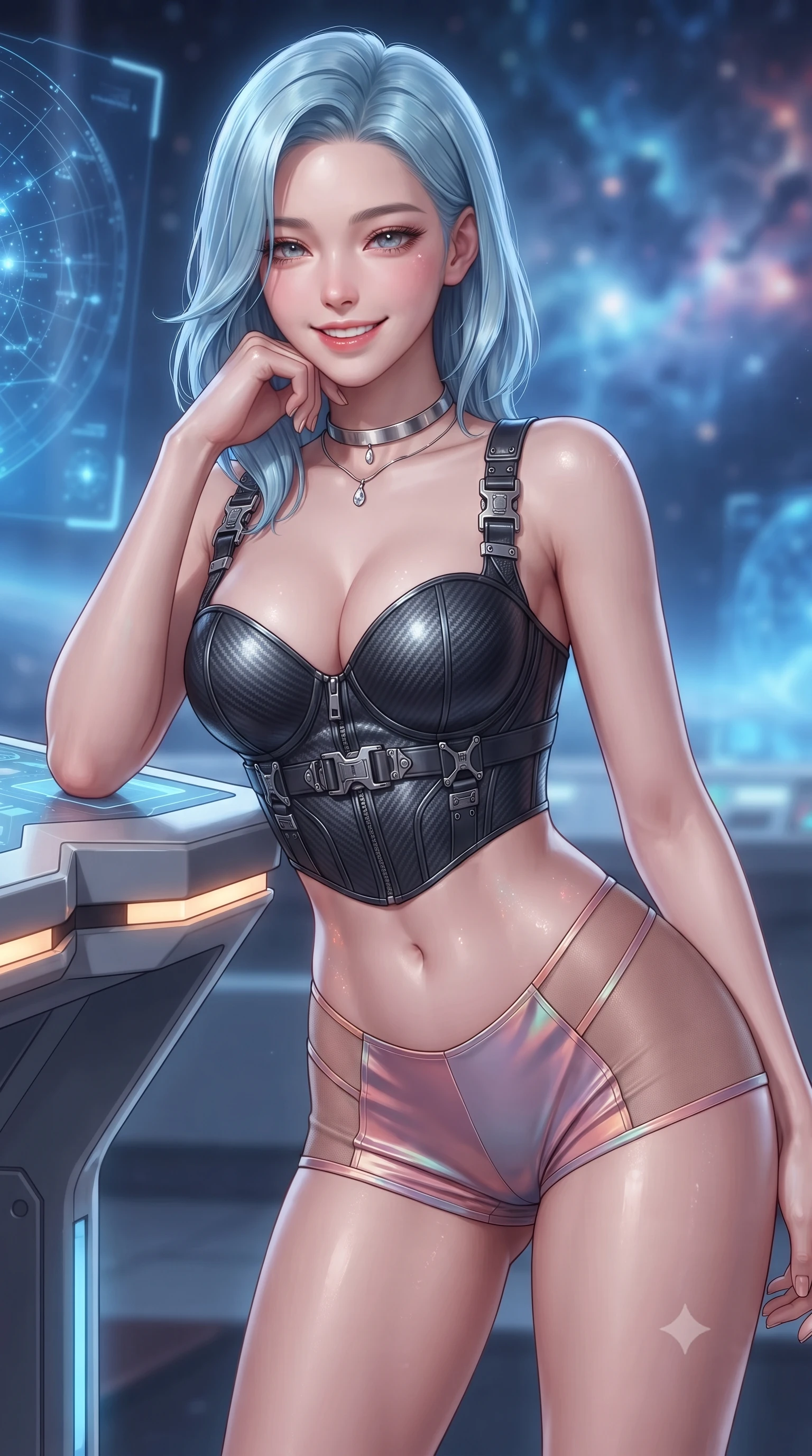 score_9, masterpiece, best quality, ultra-detailed, high-budget anime keyframe, editorial fashion photography, tasteful artistic composition, Korean woman. close-up cowboy shot from the waist and thighs up, the character dominates the composition, filling the frame with her large presence. resting one elbow on the table and supporting her chin, leaning close to the camera with heavy-lidded sparkling eyes and parted lips while twisting her slender torso in an alluring contrapposto stance, deep sapphire ion glows and starry space casting celestial reflections across her narrow waist and hips. The background shows a soft-focus swirling spirals of electric-sapphire ion plasma, floating 3D holographic star charts, and distant nebula clouds blurred into sapphire, cyan, and amethyst bokeh. She has an exceptionally elegant, slender, and willowy female figure with an ultra-slim waist, flat toned midriff, narrow ribcage, and sculpted feminine hips creating an alluring, slim hourglass silhouette without bulk. sharp v-shaped jawline, high-bridge nose, intricate jewel-like sparkling eyes with depth, thick eyelashes, glossy parted lips with a natural peach sheen, bright cheerful beaming smile with an enchanting and coquettish sensual glint, exuding both youthful cute charm and seductive allure, flawlessly proportioned anatomical accuracy, strict slender model proportions, natural body alignment, perfectly sculpted long slender limbs, ultra-slim waistline, clean dynamic posture without body distortion. wearing a sculpted carbon-fiber underwire crop corset with tactical buckle straps paired with low-rise micro shorts in Solaris liquid rose-quartz and alien peach, featuring strategic sheer-illusion tulle side panels framing her ribcage and hips, finished with a minimalist chrome choker and a single teardrop diamond pendant, the impeccably tailored cut draping gracefully along her slender figure with aristocratic poise. bathed in the glowing monochromatic radiance of electric-sapphire ion plasma mixed with warm 2800K console edge lights. ultra-reflective glossy finish, specular highlights, rich textural contrasts, high-contrast stereoscopic depth, volumetric dynamic lighting, 2k, ultra detail, master piece, 9:16 ratio