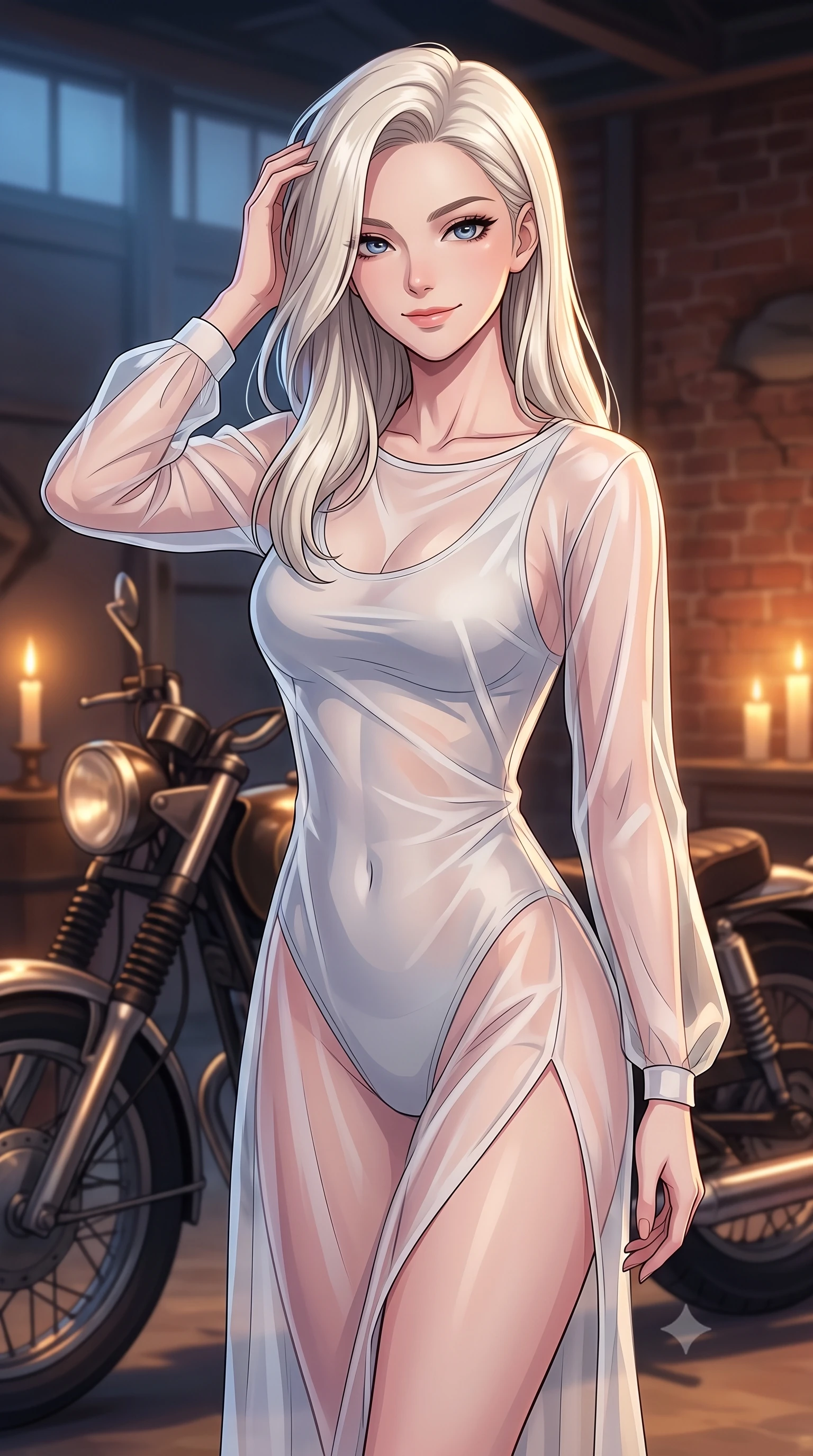 score_9, masterpiece, best quality, ultra-detailed, high-budget anime keyframe, tasteful artistic composition, Caucasian woman. close-up cowboy shot from the waist and thighs up, the character dominates the composition, filling the frame with her large presence, background elements kept in soft focus. smiling with quiet, magnetic self-assurance directly into the camera, running a hand through her hair the background shows a soft-focus a private hangar with a vintage motorcycle and exposed brick walls. She has an exceptionally elegant, slender, and willowy female figure with an ultra-slim waist, a gracefully sculpted slender torso, and a refined silhouette. sharp v-shaped jawline, high-bridge nose, intricate jewel-like eyes with depth, thick eyelashes, glossy lips with a natural sheen. wearing a body-hugging sheer white organza resort cover-up worn over a form-fitting one-piece swimsuit, showing her elegant clavicle lines. warm candlelight casting dramatic shadows on the steel motorcycle parts. highly saturated vibrant anime colors, cel-shading, 2d style, master piece, 9:16 ratio