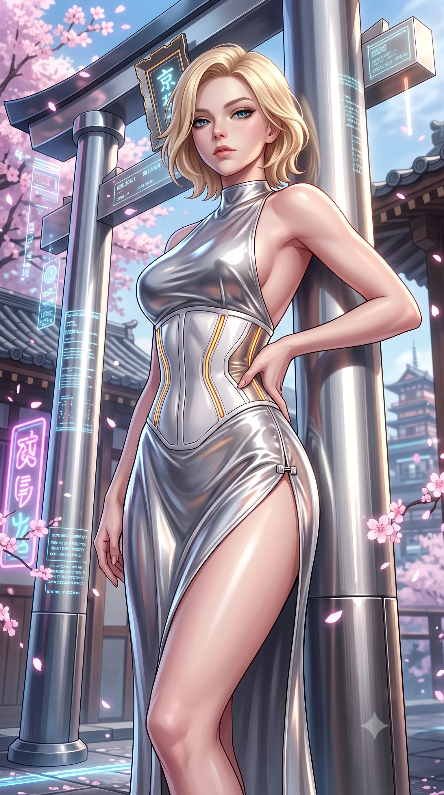 score_9, masterpiece, best quality, ultra-detailed, high-budget anime keyframe, semi-realistic 3D game render, editorial fashion photography, tasteful artistic composition, Caucasian woman. close-up cowboy shot from the waist and thighs up, the character dominates the composition, filling the frame with her large presence. twisting her upper body in a dynamic S-curve with commanding allure, one hand resting on her slender waist with haughty grace while leaning against a chrome torii pillar with a serene, haughty gaze as digital cherry blossoms float past. The surrounding environment is rendered in vivid detail and crisp panoramic clarity. vibrant contrast between traditional Japanese aesthetics and high-tech cybernetic design in panoramic precision. She has an exceptionally elegant, slender, and willowy female figure with an ultra-slim waist, a gracefully sculpted slender torso, toned flat midriff, and a refined slim silhouette. sharp v-shaped jawline, high-bridge nose, intricate jewel-like eyes with depth, thick eyelashes, glossy lips with a natural sheen, flawlessly proportioned anatomical accuracy, strict slender model proportions, natural body alignment, perfectly sculpted long slender limbs, ultra-slim waistline, clean dynamic posture without body distortion. wearing a backless molten silver liquid-metal gown with a high-cut side slit and precision-fitted waist boning in high-contrast monochrome white enamel and glowing amber lines, tailored from semi-translucent cybernetic vinyl with glowing micro-filaments, finished with an ultra-high side slit secured by miniature magnetic clasps, the glove-like aerodynamic second-skin fit tightly clinging to her ultra-slender waist and athletic curves without adding bulk, accentuating her razor-sharp statuesque lines and slim hourglass silhouette. illuminated by crisp specular highlights tracing her sculpted flat midriff, waist, and long slender legs. rich saturated anime colors with glowing neon highlights, detailed shading with soft gradients, rich glossy textures, high-contrast stereoscopic depth, volumetric dynamic lighting, master piece, 9:16 ratio