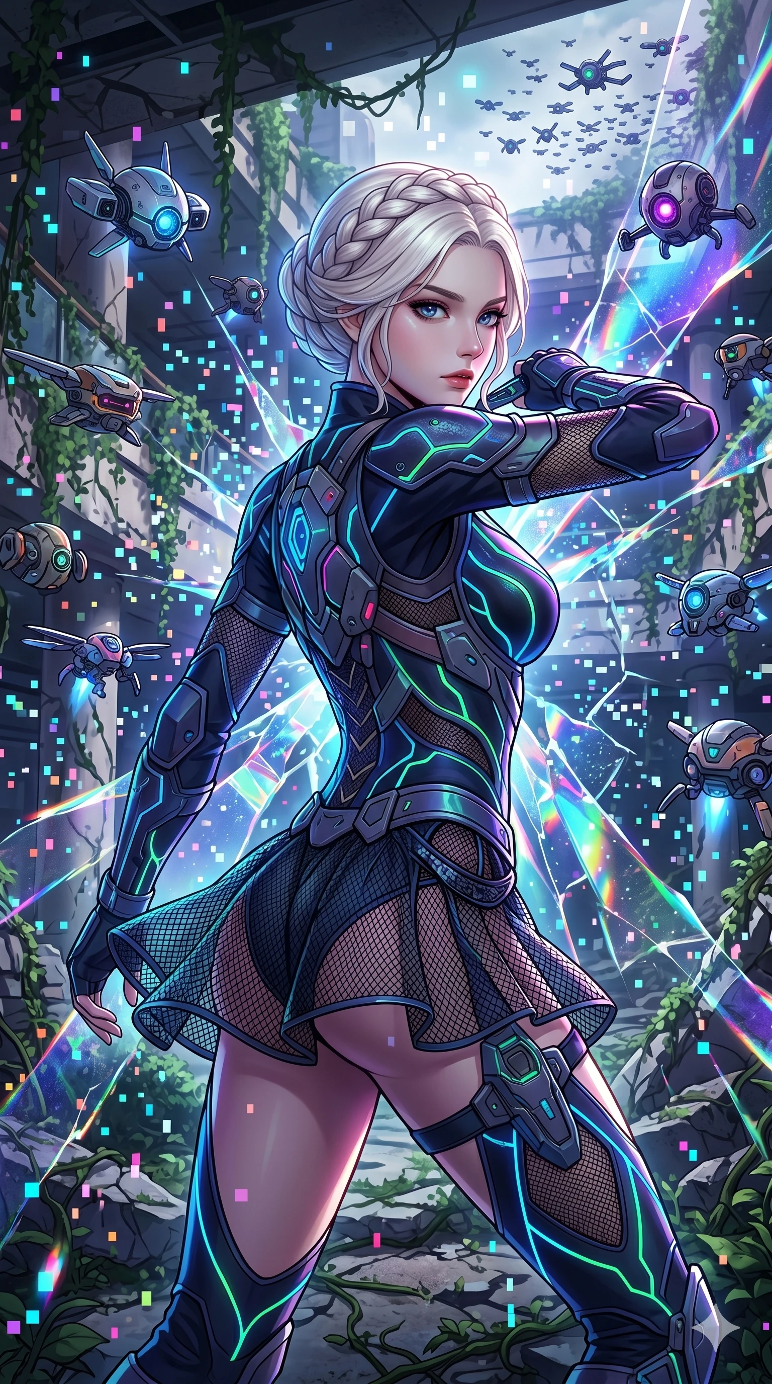 score_9, masterpiece, best quality, ultra-detailed, Set A: High-budget Anime Keyframe, Korean woman. Upper body close-up from the thighs up, character filling the screen for maximum presence. Theme: Historical Remix. shattering the fabric of reality in a ruined overgrown shopping mall, surrounded by 239 hovering guardian drones. The atmosphere is filled with a blizzard of digital pixels. She has an absolutely perfect 8-heads proportion, an exceptionally tall and slender female figure with impossibly long slender legs and an ultra-slim waist. Sharp v-shaped jawline, high-bridge nose, intricate jewel-like eyes with depth, glossy lips. Wearing Modernized ninja gear with glowing neon-veined fabric and a short mesh skirt. Cinematic lighting, vivid colors, dramatic shadows, 2k, ultra detail, master piece, 9:16 ratio